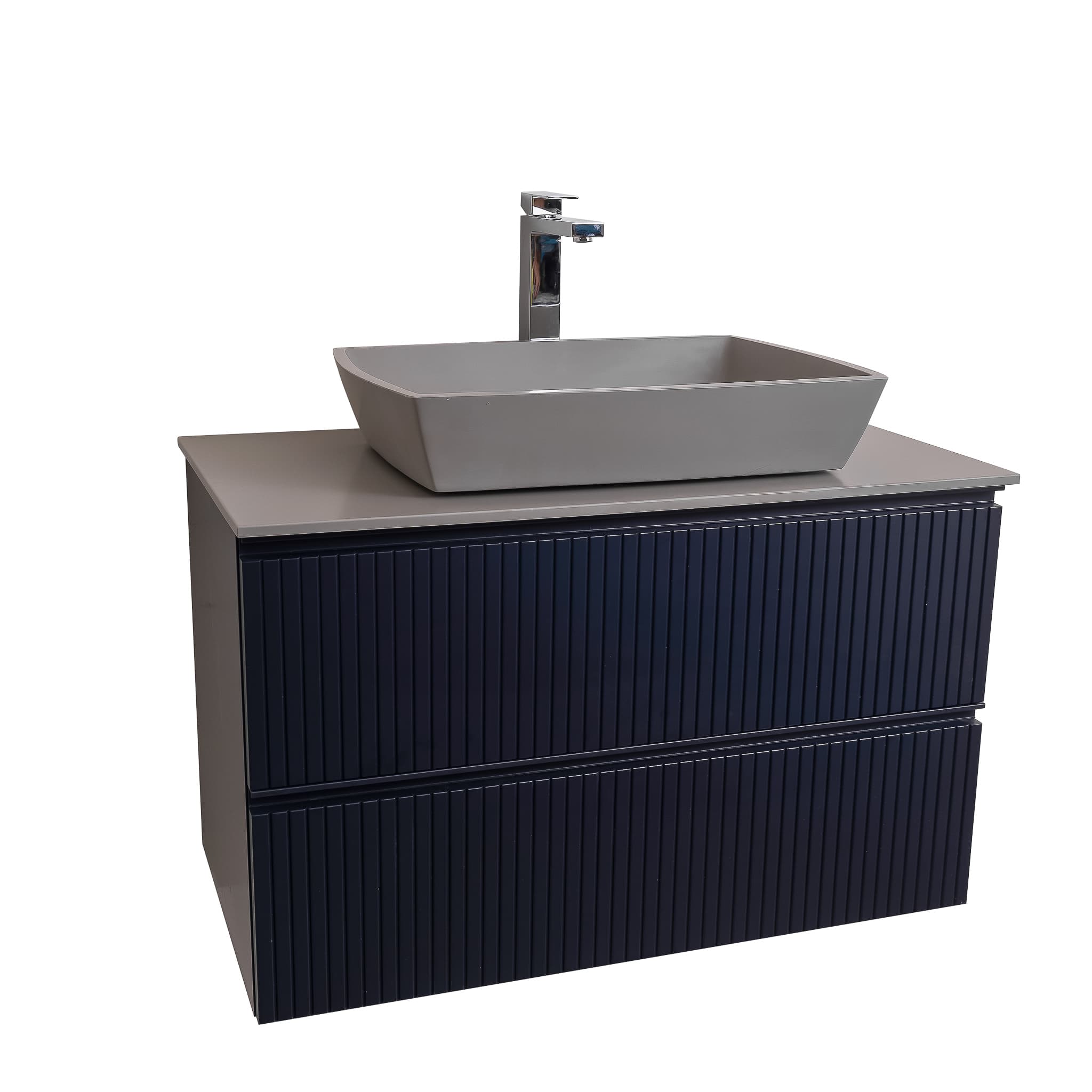 Ares 31.5 Matte Navy Blue Cabinet, Solid Surface Flat Grey Counter And Square Solid Surface Grey Basin 1316, Wall Mounted Modern Vanity Set