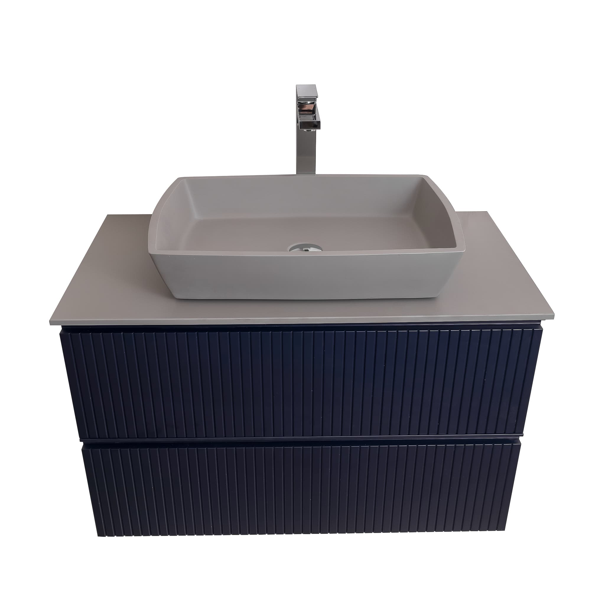 Ares 31.5 Matte Navy Blue Cabinet, Solid Surface Flat Grey Counter And Square Solid Surface Grey Basin 1316, Wall Mounted Modern Vanity Set