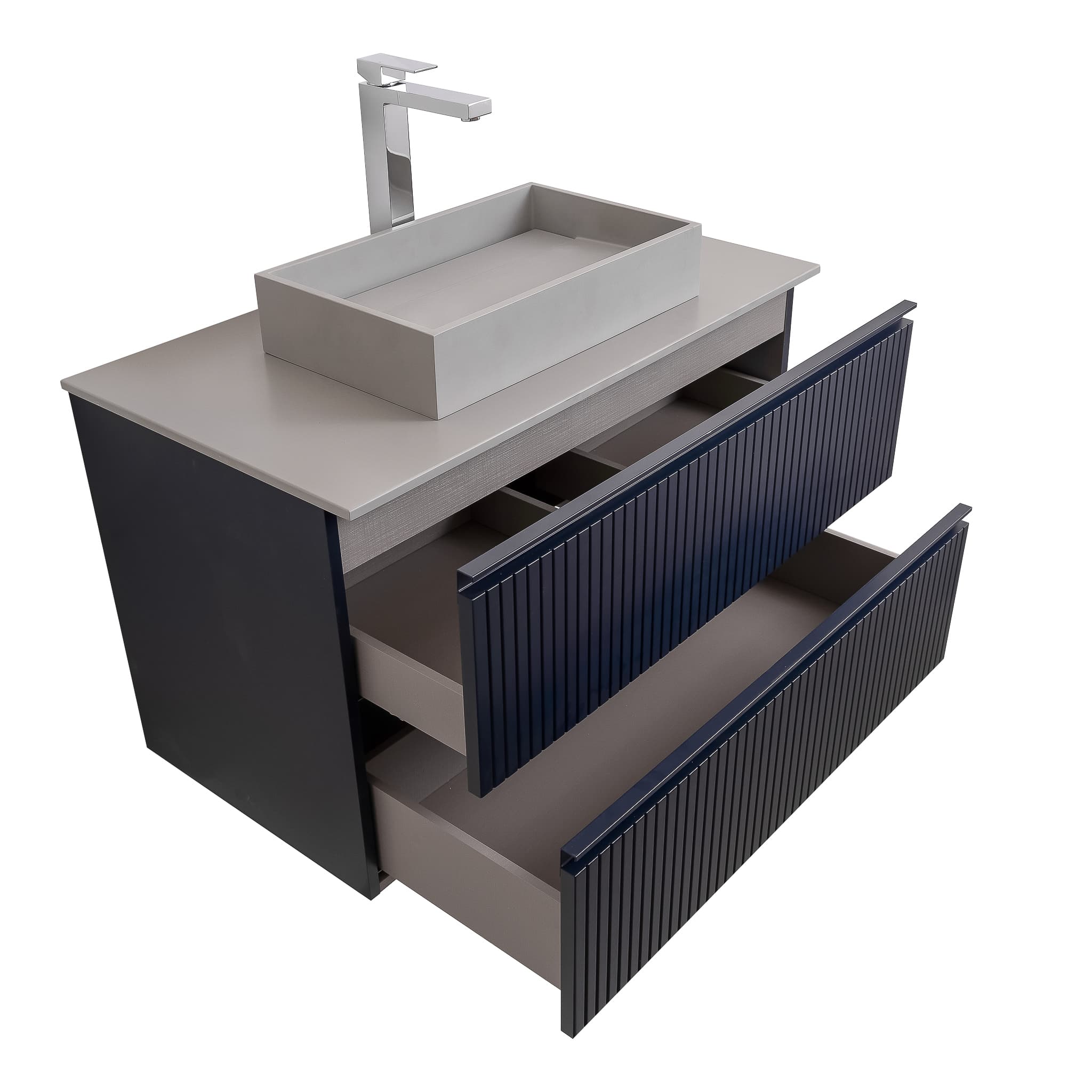 Ares 31.5 Matte Navy Blue Cabinet, Solid Surface Flat Grey Counter And Infinity Square Solid Surface Grey Basin 1329, Wall Mounted Modern Vanity Set