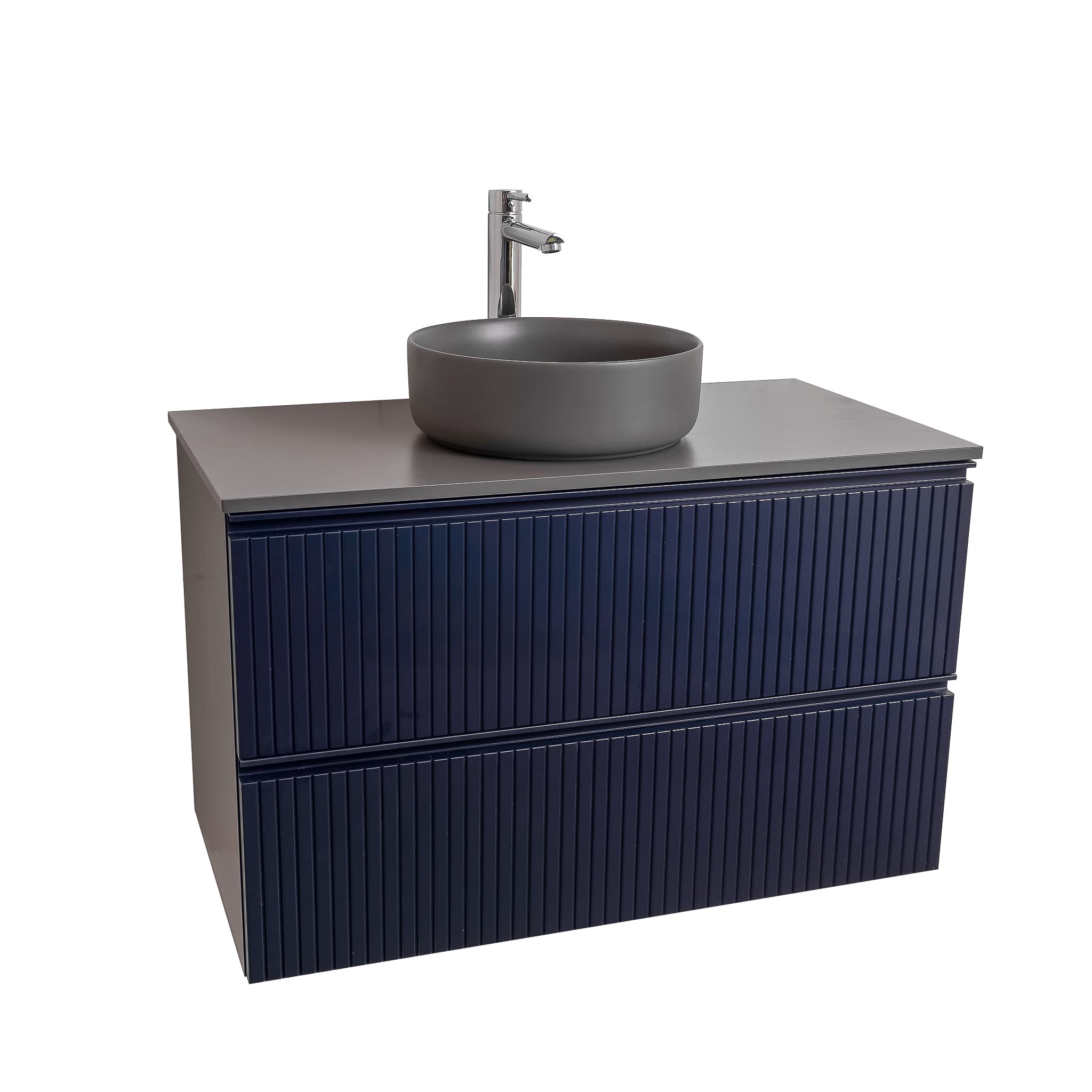 Ares 31.5 Matte Navy Blue Cabinet, Ares Grey Ceniza Top And Ares Grey Ceniza Ceramic Basin, Wall Mounted Modern Vanity Set