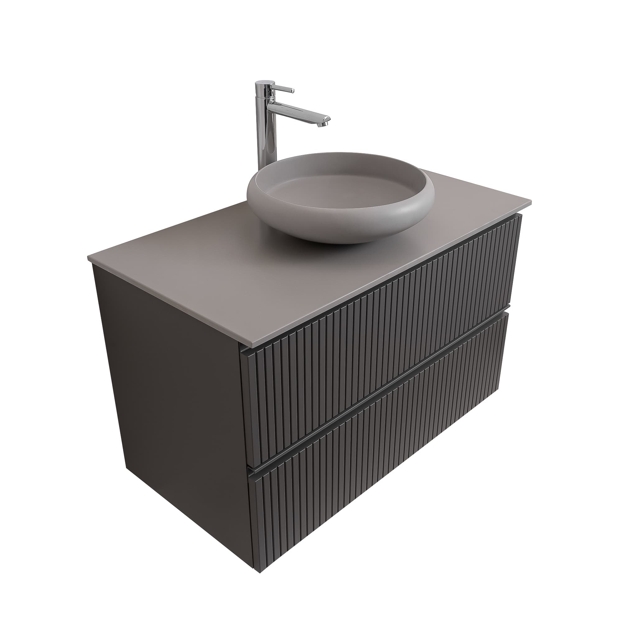 Ares 31.5 Matte Grey Cabinet, Solid Surface Flat Grey Counter And Round Solid Surface Grey Basin 1153, Wall Mounted Modern Vanity Set