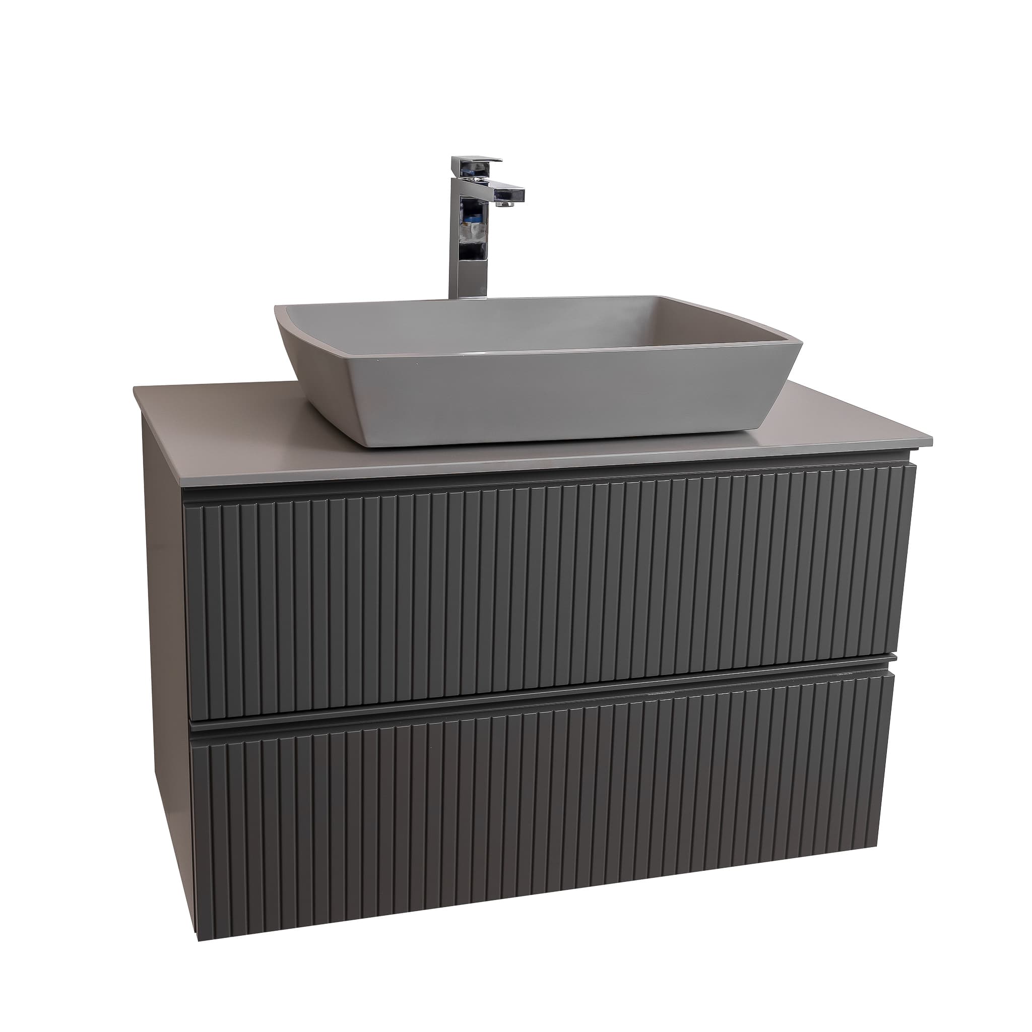 Ares 31.5 Matte Grey Cabinet, Solid Surface Flat Grey Counter And Square Solid Surface Grey Basin 1316, Wall Mounted Modern Vanity Set