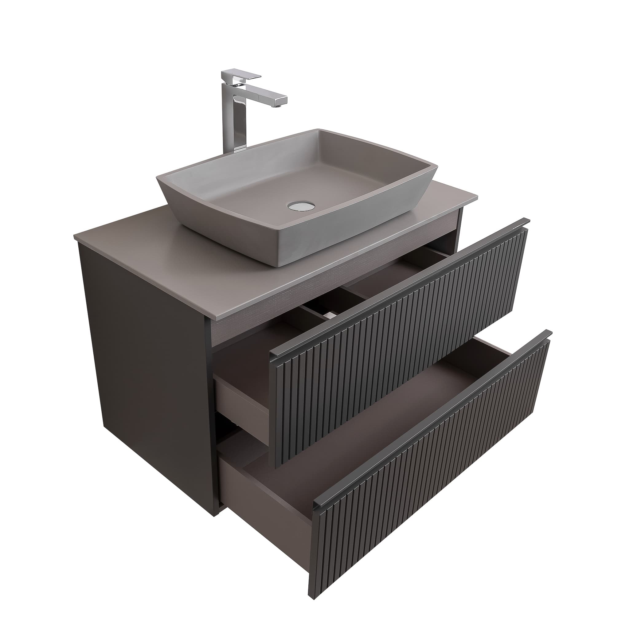 Ares 31.5 Matte Grey Cabinet, Solid Surface Flat Grey Counter And Square Solid Surface Grey Basin 1316, Wall Mounted Modern Vanity Set