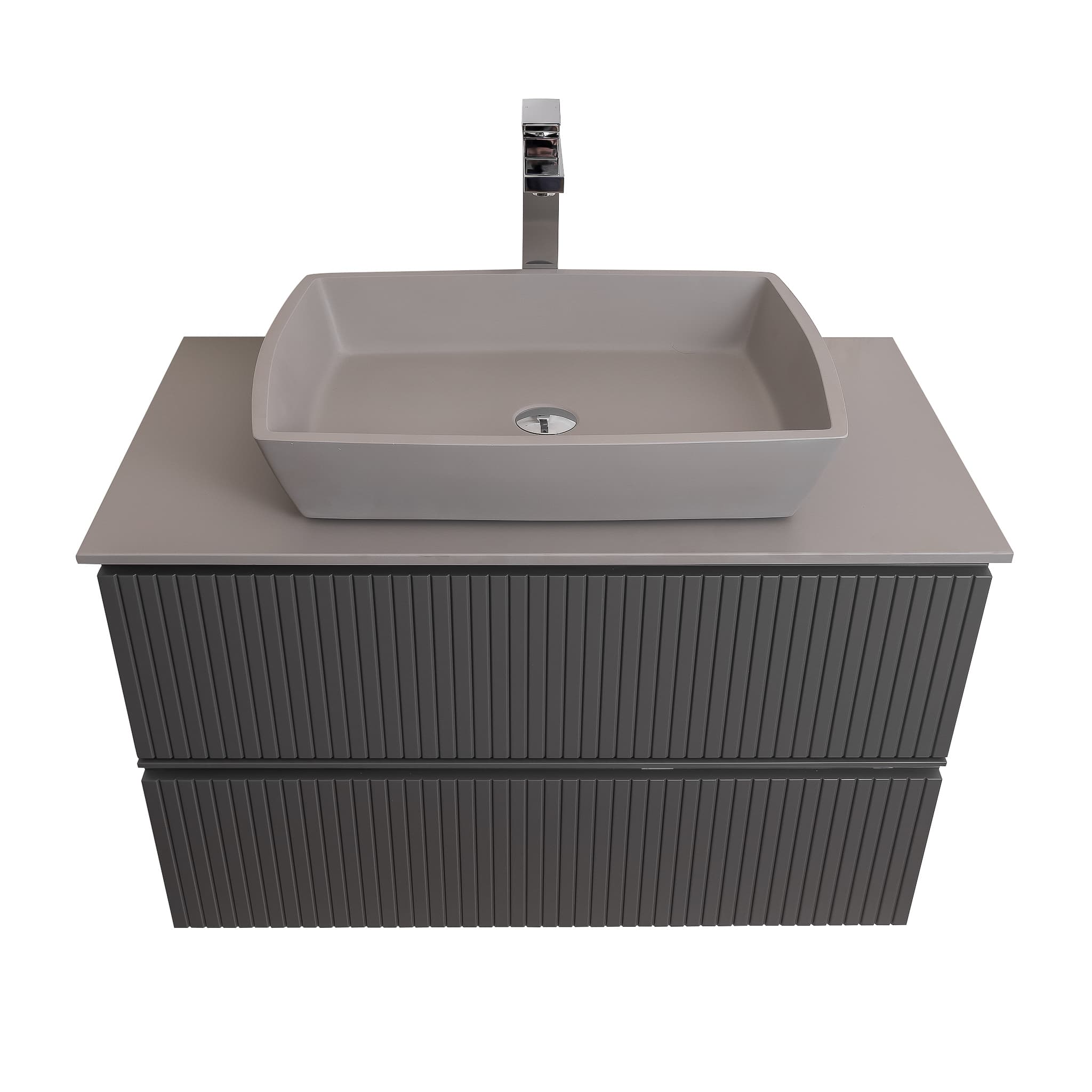 Ares 31.5 Matte Grey Cabinet, Solid Surface Flat Grey Counter And Square Solid Surface Grey Basin 1316, Wall Mounted Modern Vanity Set