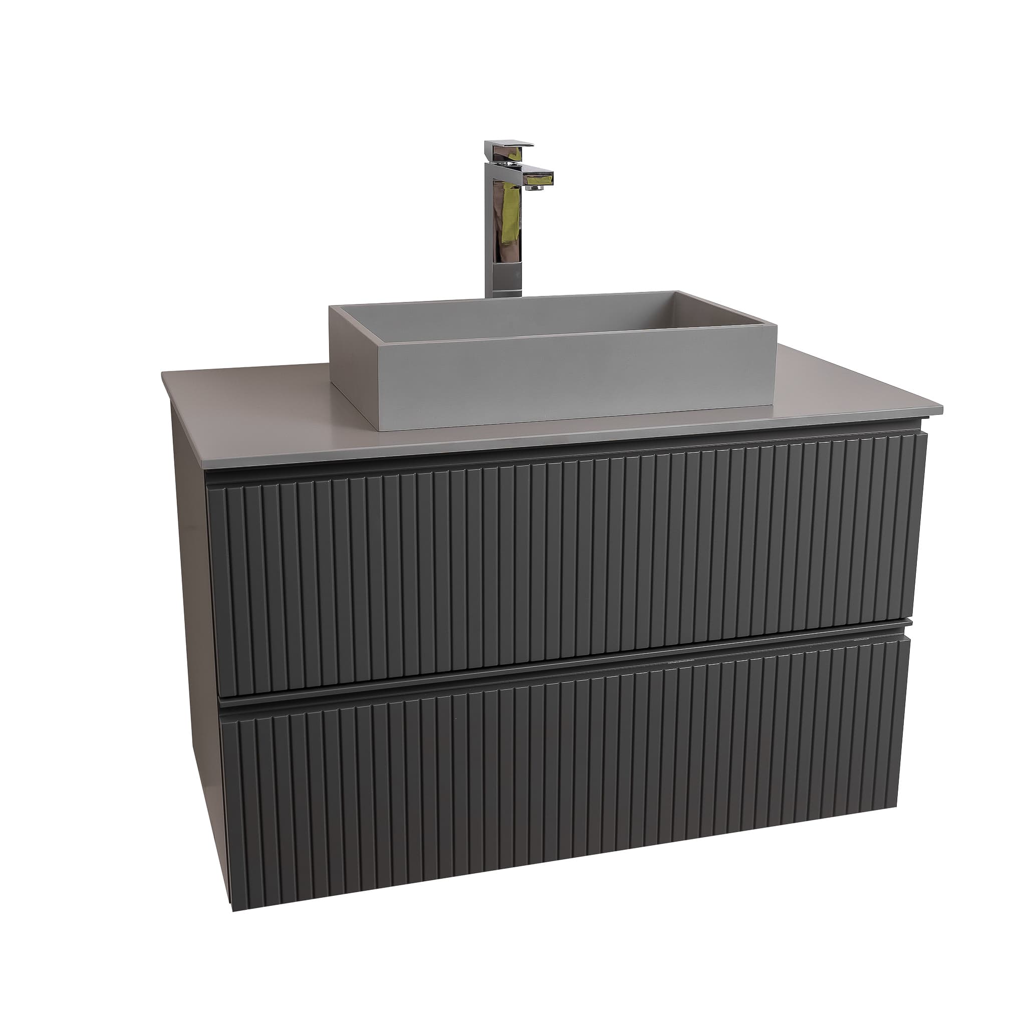 Ares 31.5 Matte Grey Cabinet, Solid Surface Flat Grey Counter And Infinity Square Solid Surface Grey Basin 1329, Wall Mounted Modern Vanity Set