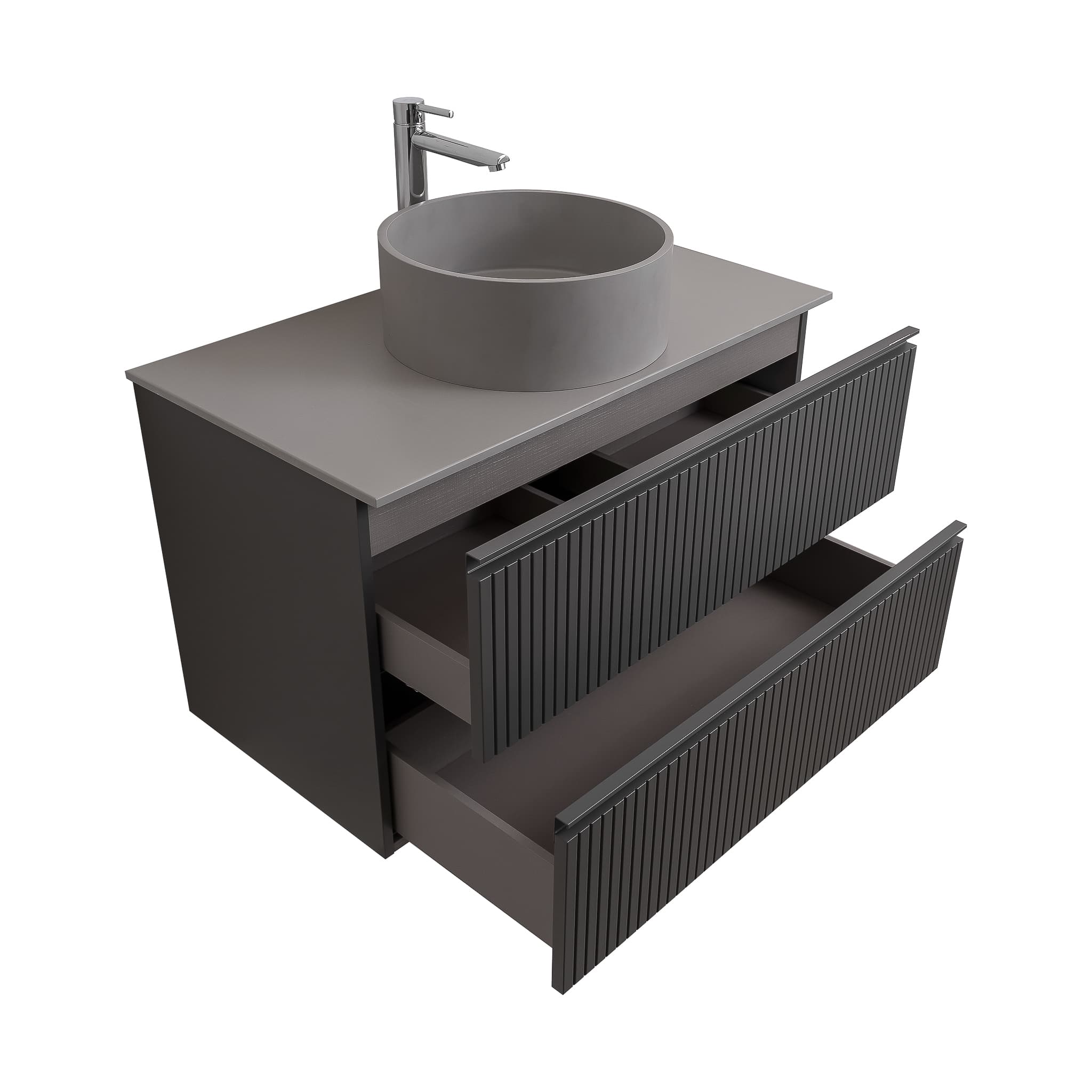 Ares 31.5 Matte Grey Cabinet, Solid Surface Flat Grey Counter And Round Solid Surface Grey Basin 1386, Wall Mounted Modern Vanity Set