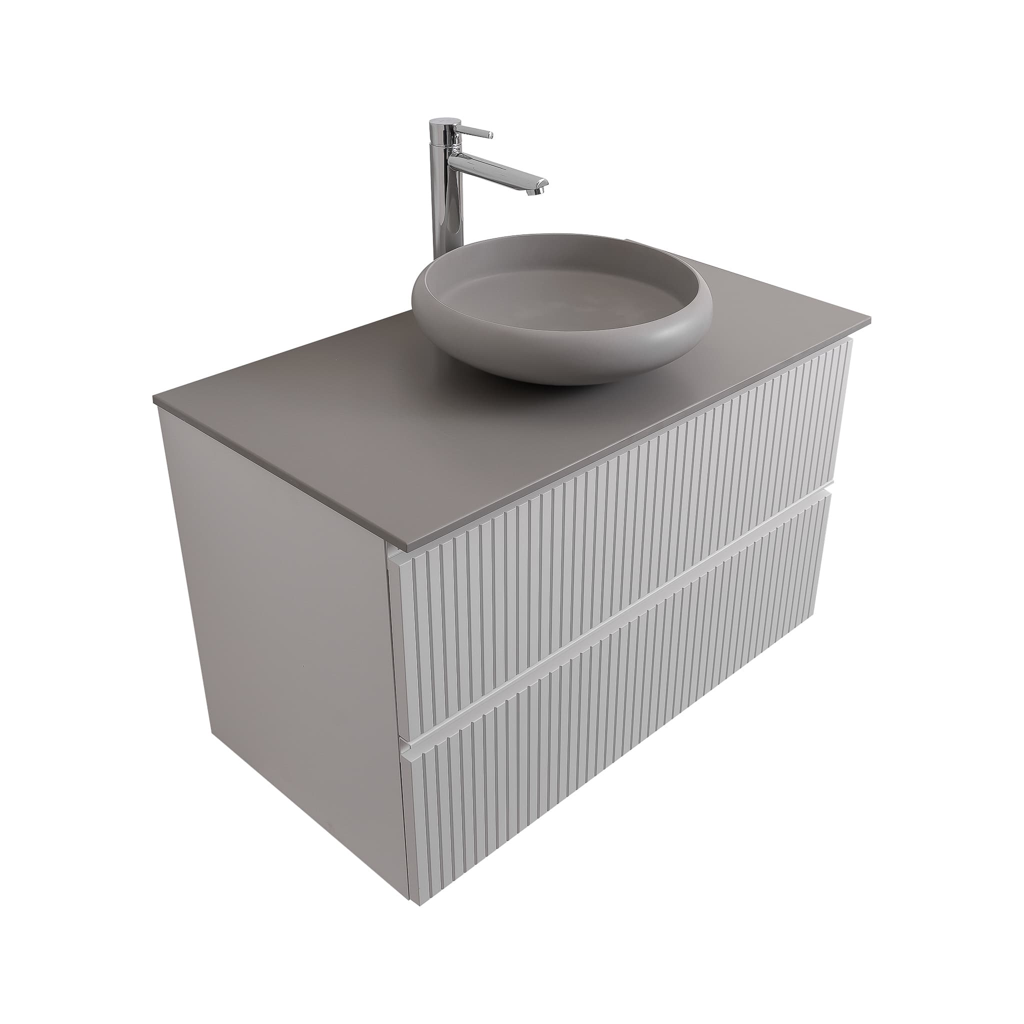 Ares 31.5 Matte White Cabinet, Solid Surface Flat Grey Counter And Round Solid Surface Grey Basin 1153, Wall Mounted Modern Vanity Set