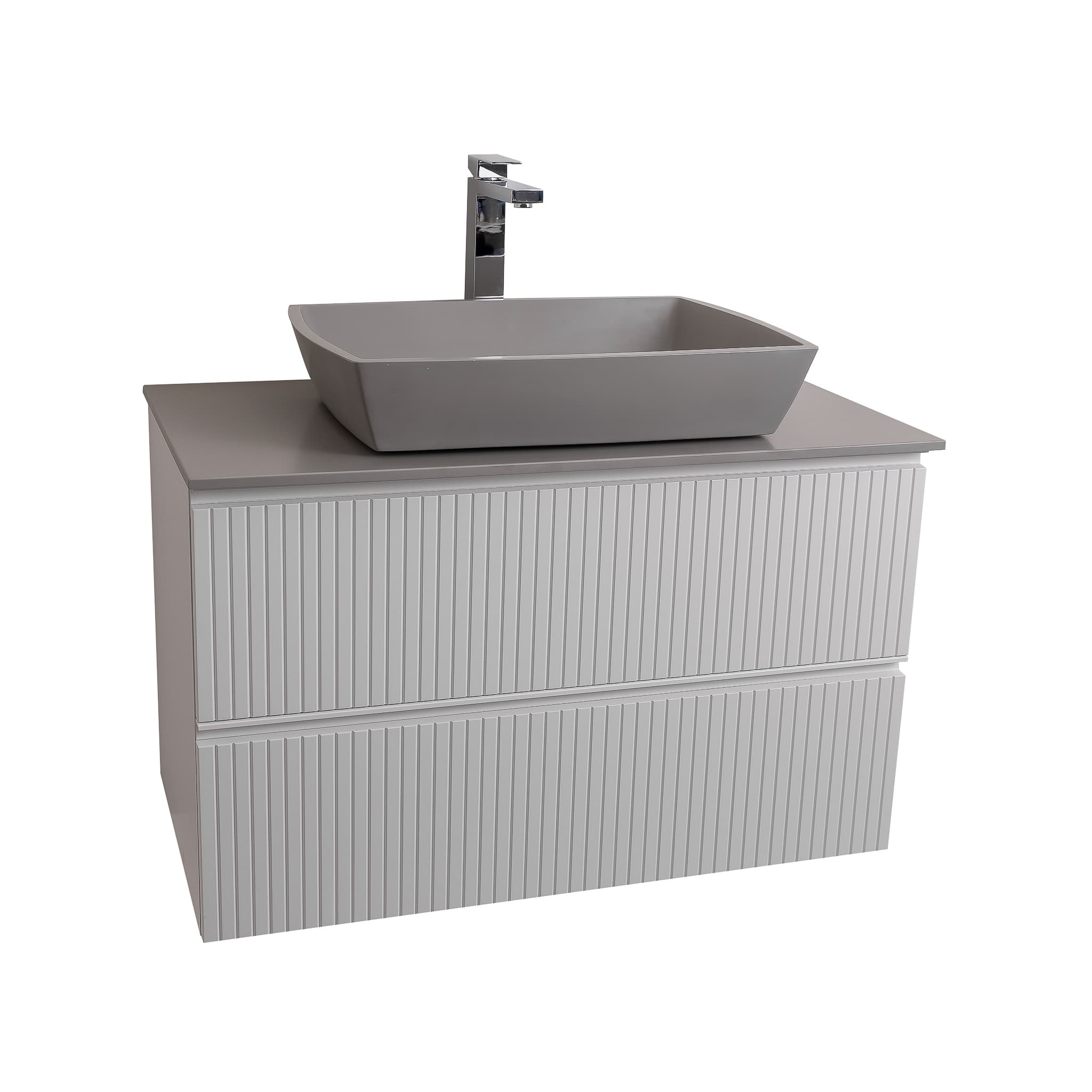 Ares 31.5 White Matte Cabinet, Solid Surface Flat Grey Counter And Square Solid Surface Grey Basin 1316, Wall Mounted Modern Vanity Set