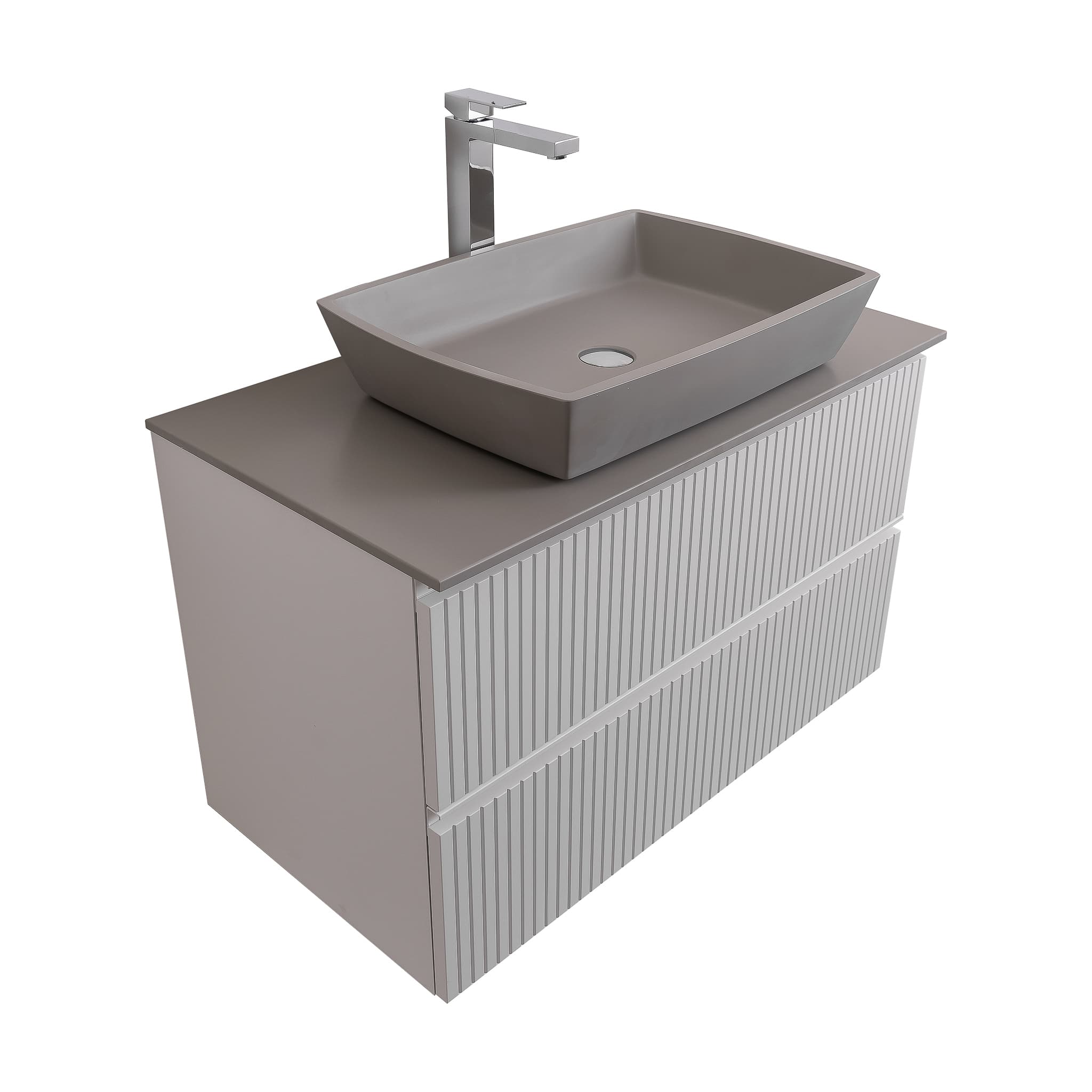 Ares 31.5 White Matte Cabinet, Solid Surface Flat Grey Counter And Square Solid Surface Grey Basin 1316, Wall Mounted Modern Vanity Set