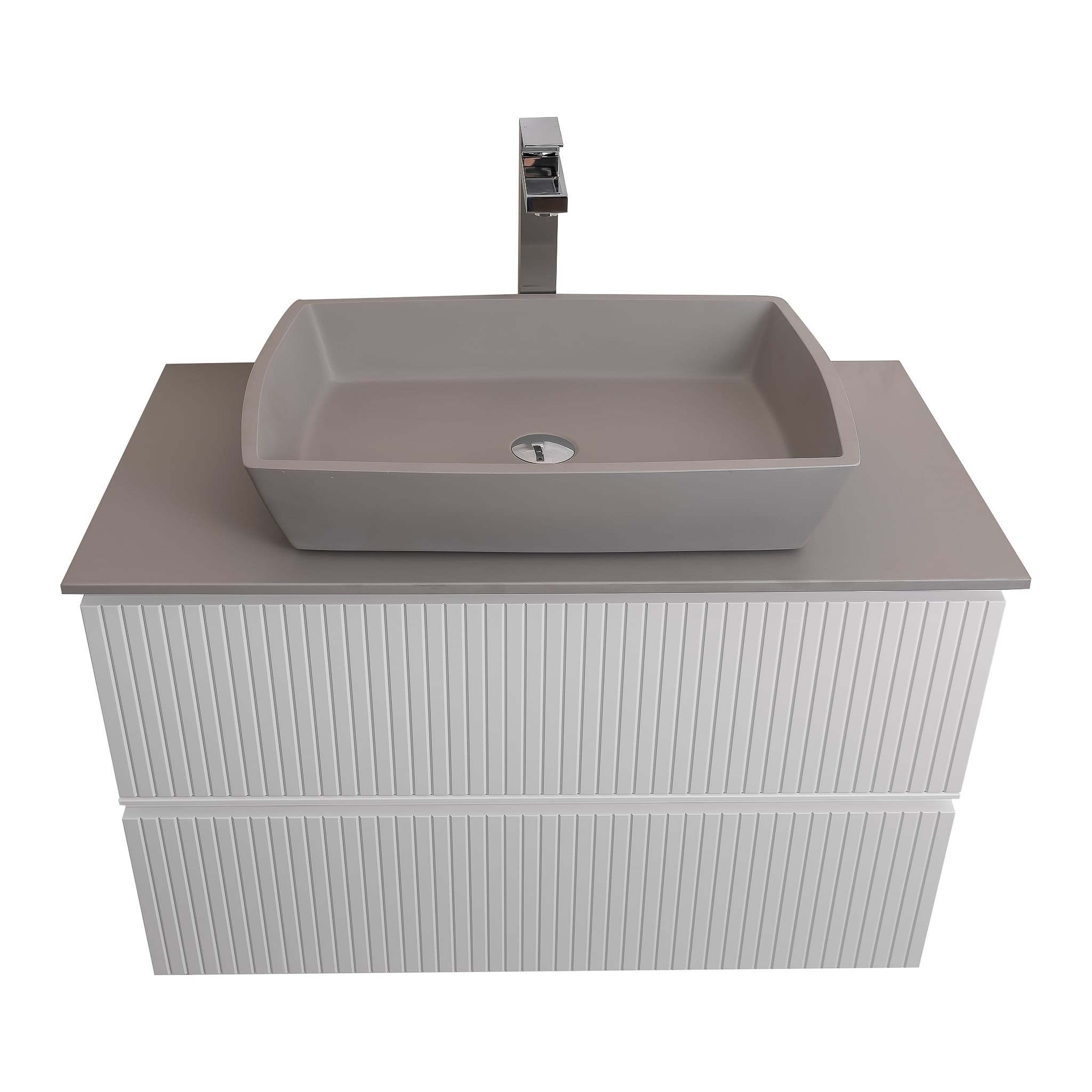 Ares 31.5 White Matte Cabinet, Solid Surface Flat Grey Counter And Square Solid Surface Grey Basin 1316, Wall Mounted Modern Vanity Set