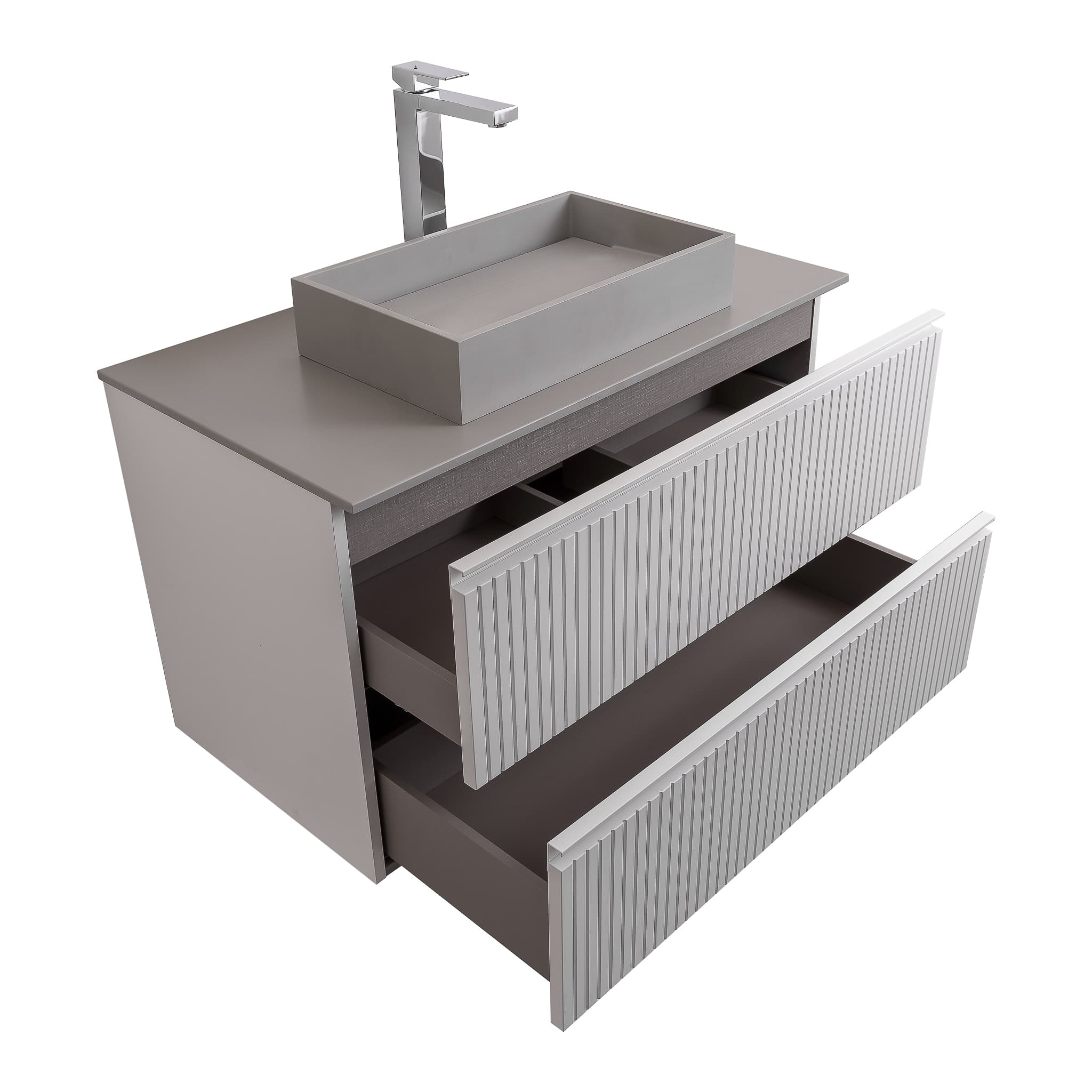 Ares 31.5 Matte White Cabinet, Solid Surface Flat Grey Counter And Infinity Square Solid Surface Grey Basin 1329, Wall Mounted Modern Vanity Set