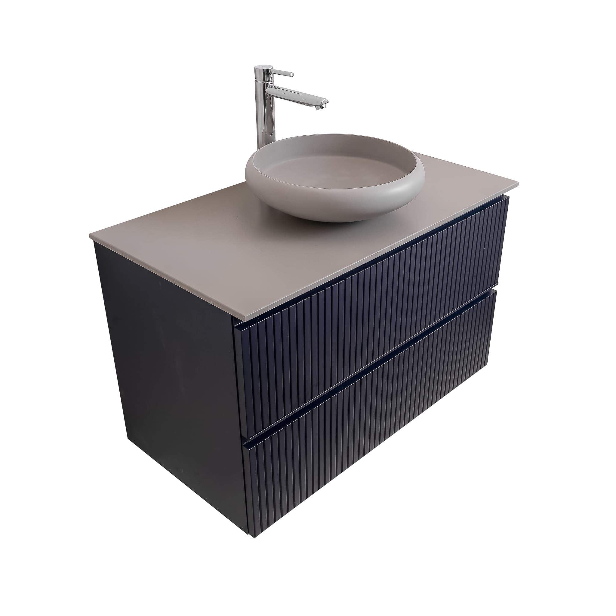 Ares 35.5 Matte Navy Blue Cabinet, Solid Surface Flat Grey Counter And Round Solid Surface Grey Basin 1153, Wall Mounted Modern Vanity Set