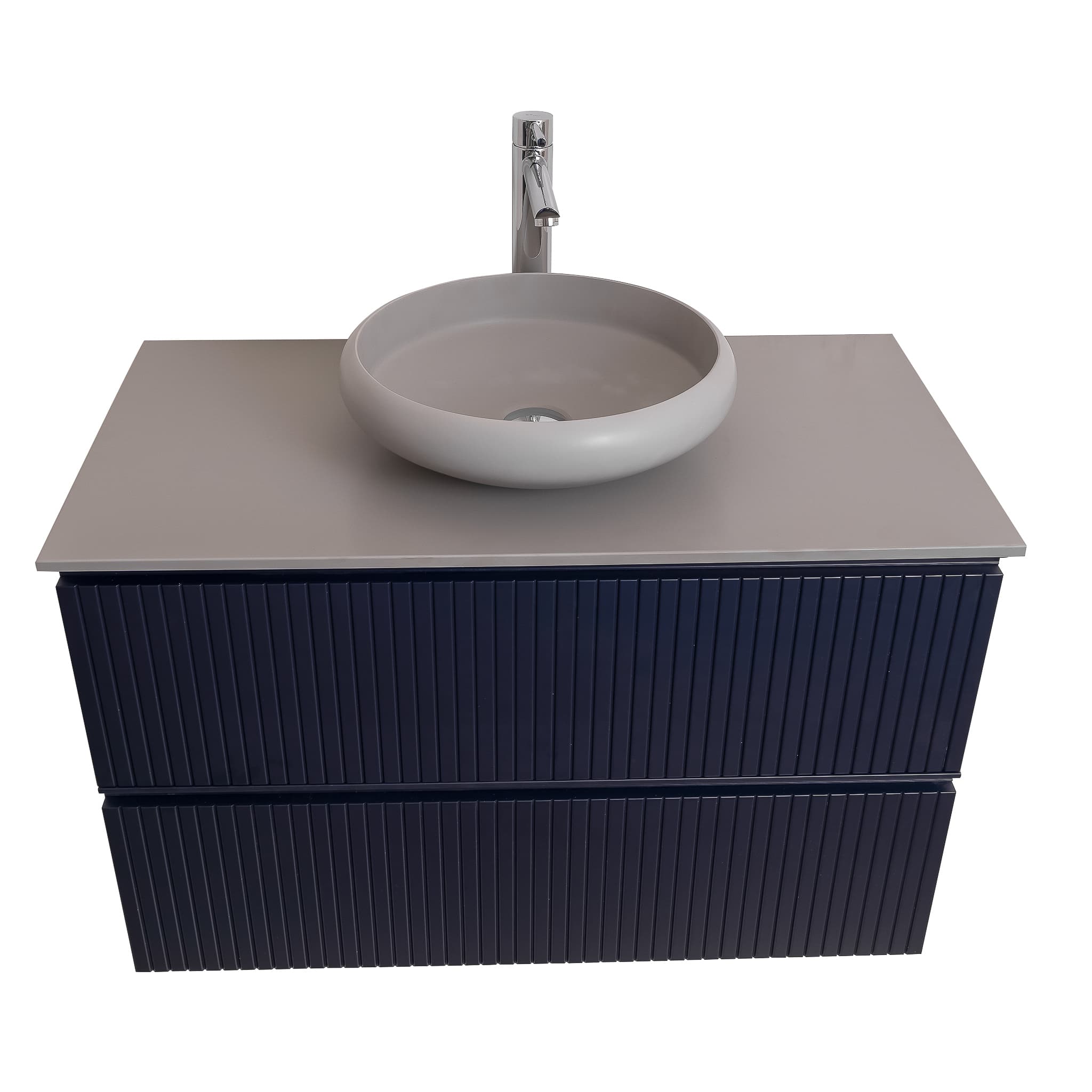 Ares 35.5 Matte Navy Blue Cabinet, Solid Surface Flat Grey Counter And Round Solid Surface Grey Basin 1153, Wall Mounted Modern Vanity Set