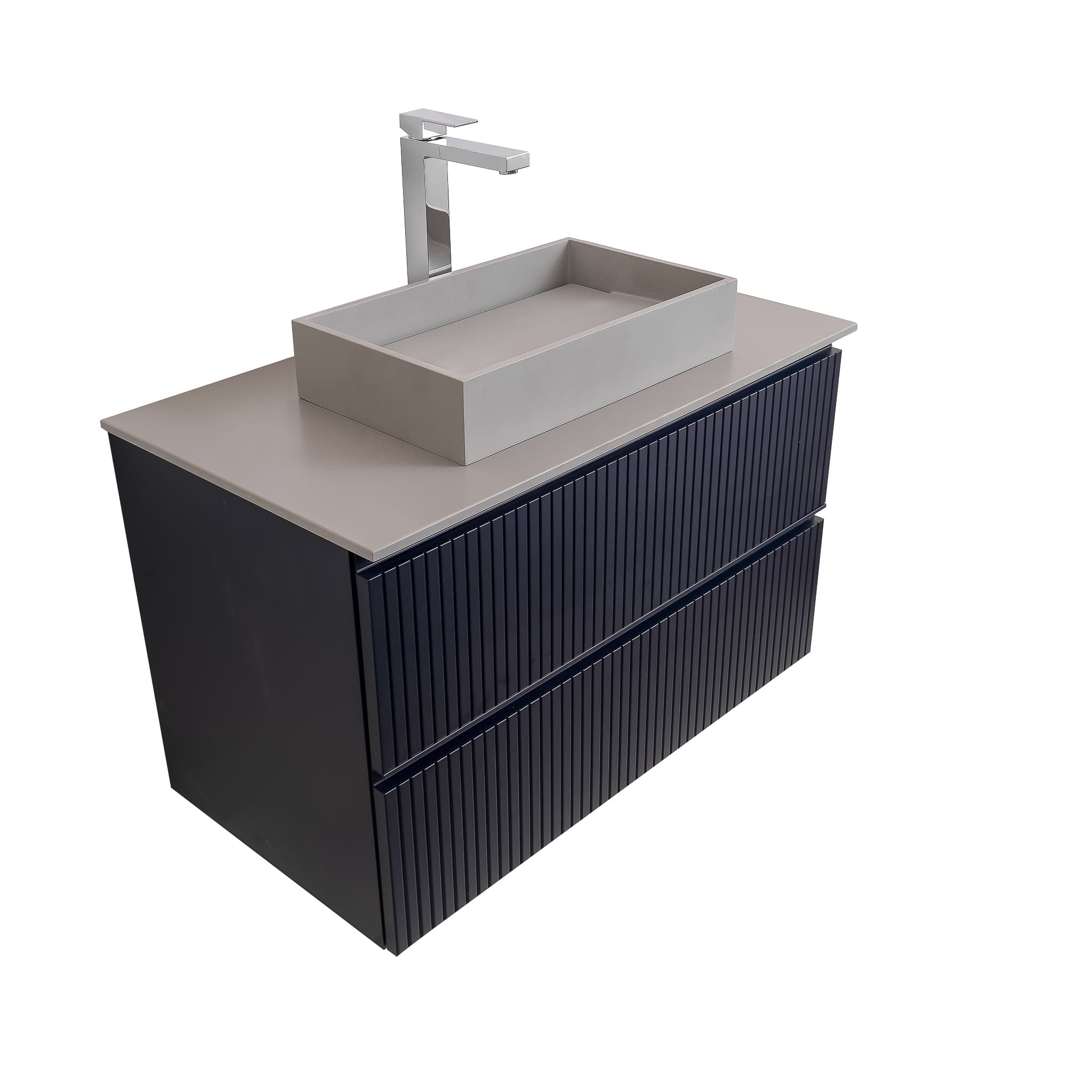 Ares 35.5 Matte Navy Blue Cabinet, Solid Surface Flat Grey Counter And Infinity Square Solid Surface Grey Basin 1329, Wall Mounted Modern Vanity Set