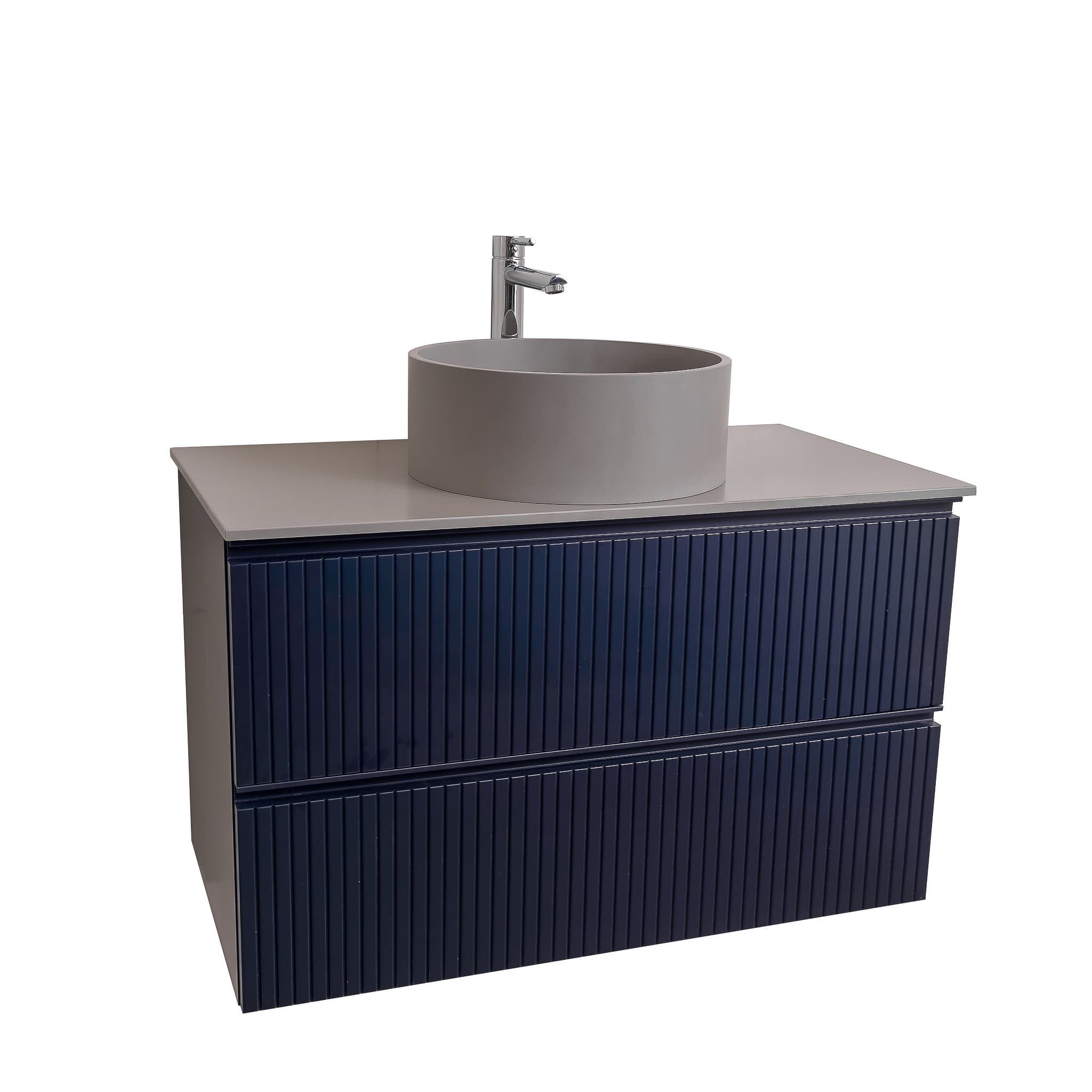 Ares 35.5 Matte Navy Blue Cabinet, Solid Surface Flat Grey Counter And Round Solid Surface Grey Basin 1386, Wall Mounted Modern Vanity Set