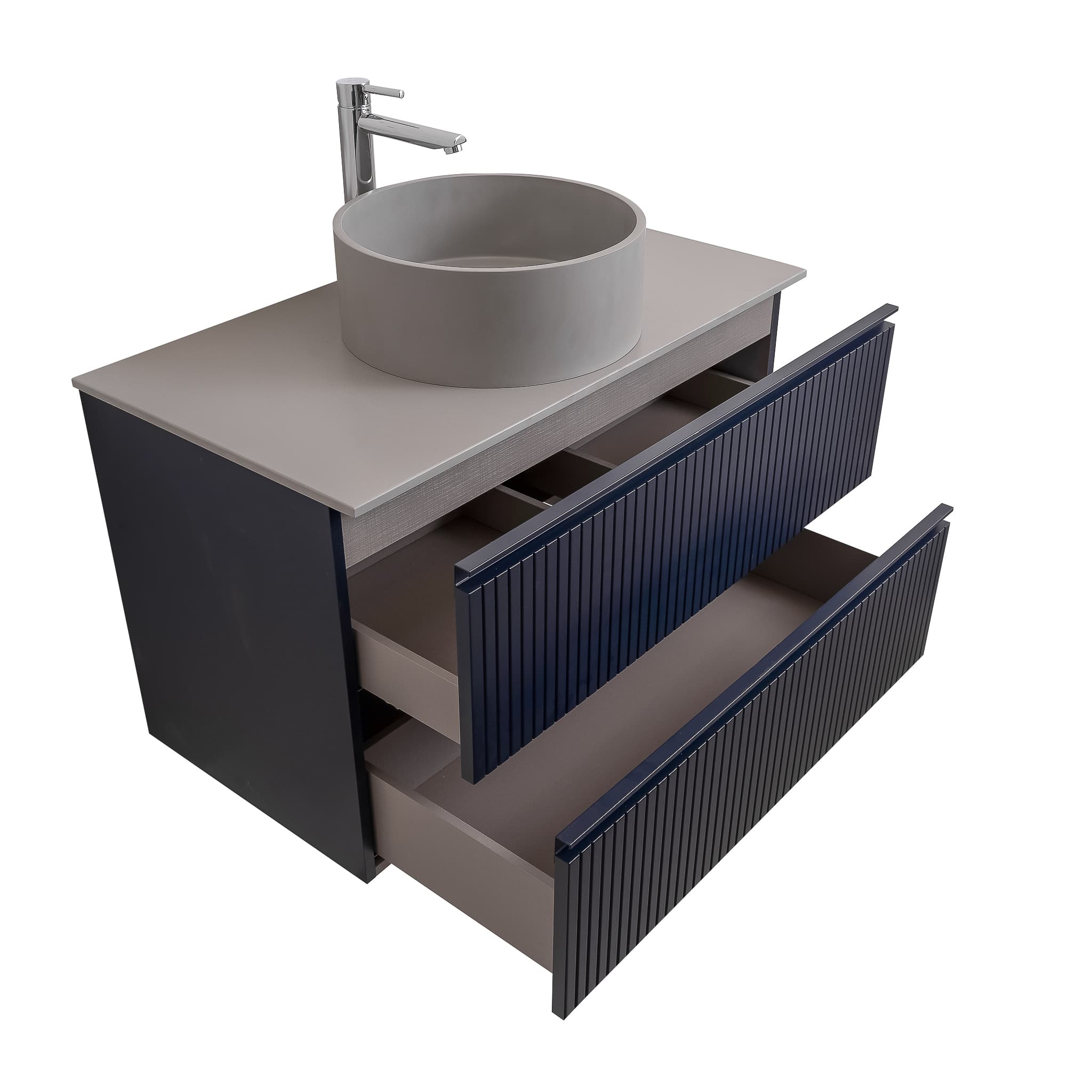 Ares 35.5 Matte Navy Blue Cabinet, Solid Surface Flat Grey Counter And Round Solid Surface Grey Basin 1386, Wall Mounted Modern Vanity Set