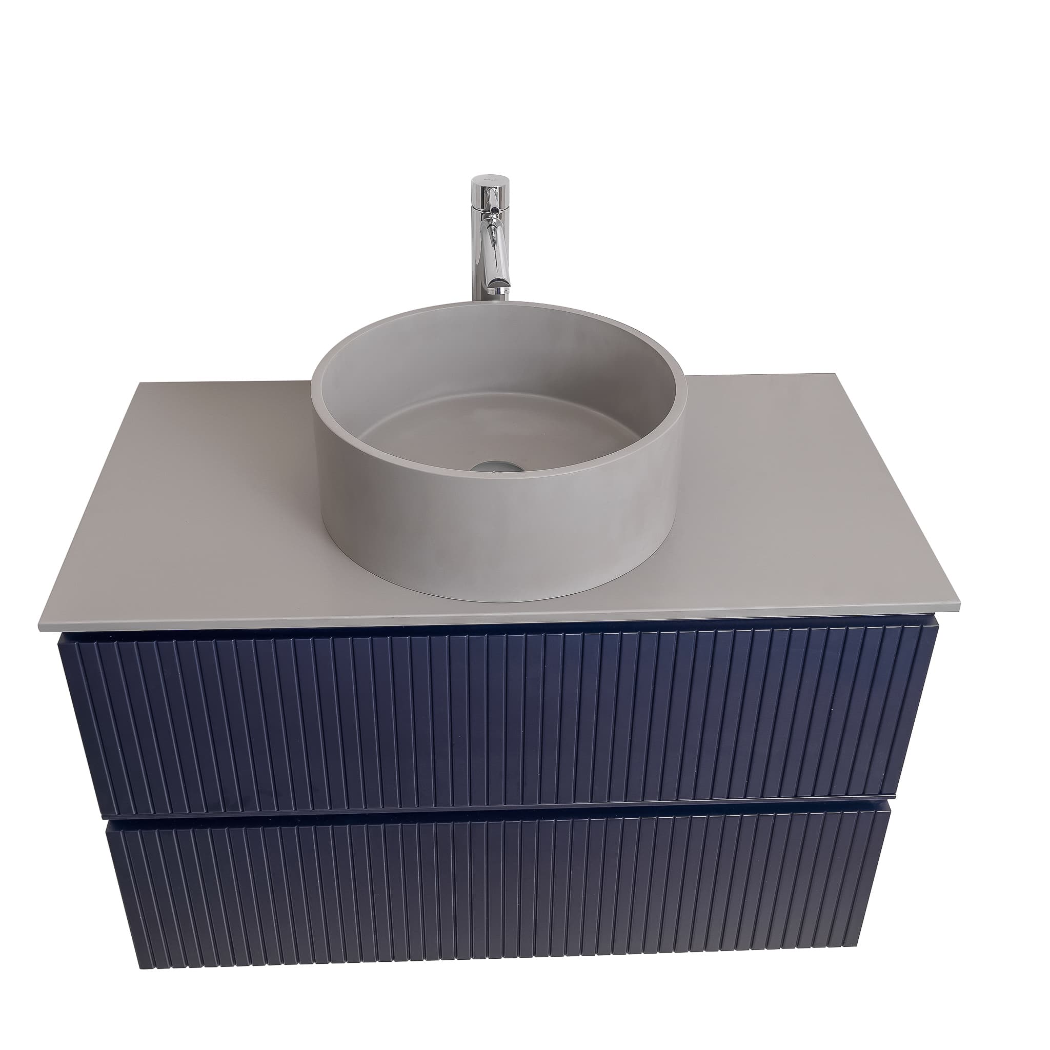 Ares 35.5 Matte Navy Blue Cabinet, Solid Surface Flat Grey Counter And Round Solid Surface Grey Basin 1386, Wall Mounted Modern Vanity Set