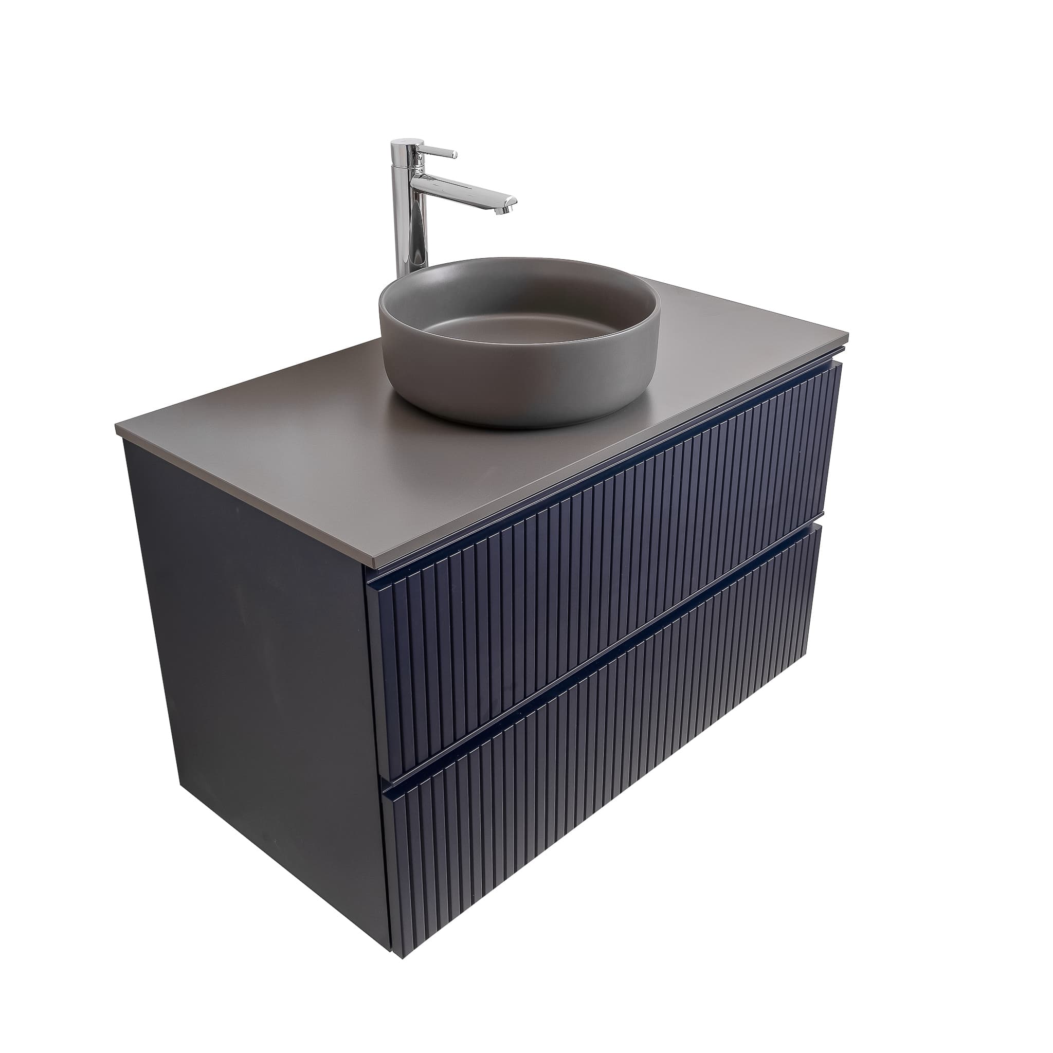 Ares 35.5 Matte Navy Blue Cabinet, Ares Grey Ceniza Top And Ares Grey Ceniza Ceramic Basin, Wall Mounted Modern Vanity Set