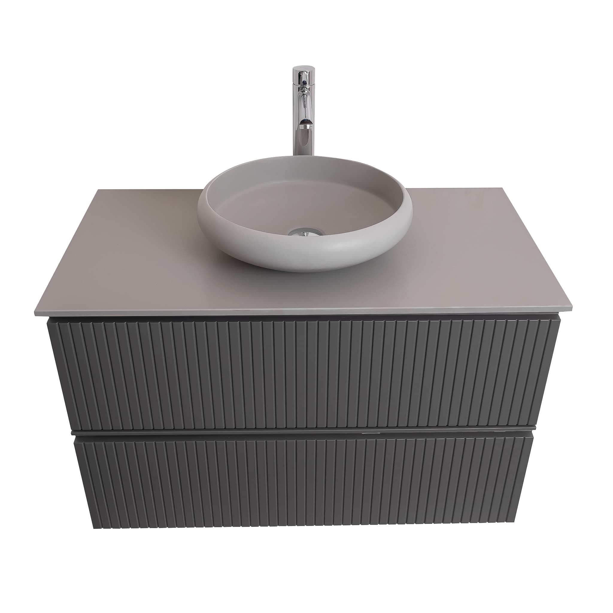 Ares 35.5 Matte Grey Cabinet, Solid Surface Flat Grey Counter And Round Solid Surface Grey Basin 1153, Wall Mounted Modern Vanity Set