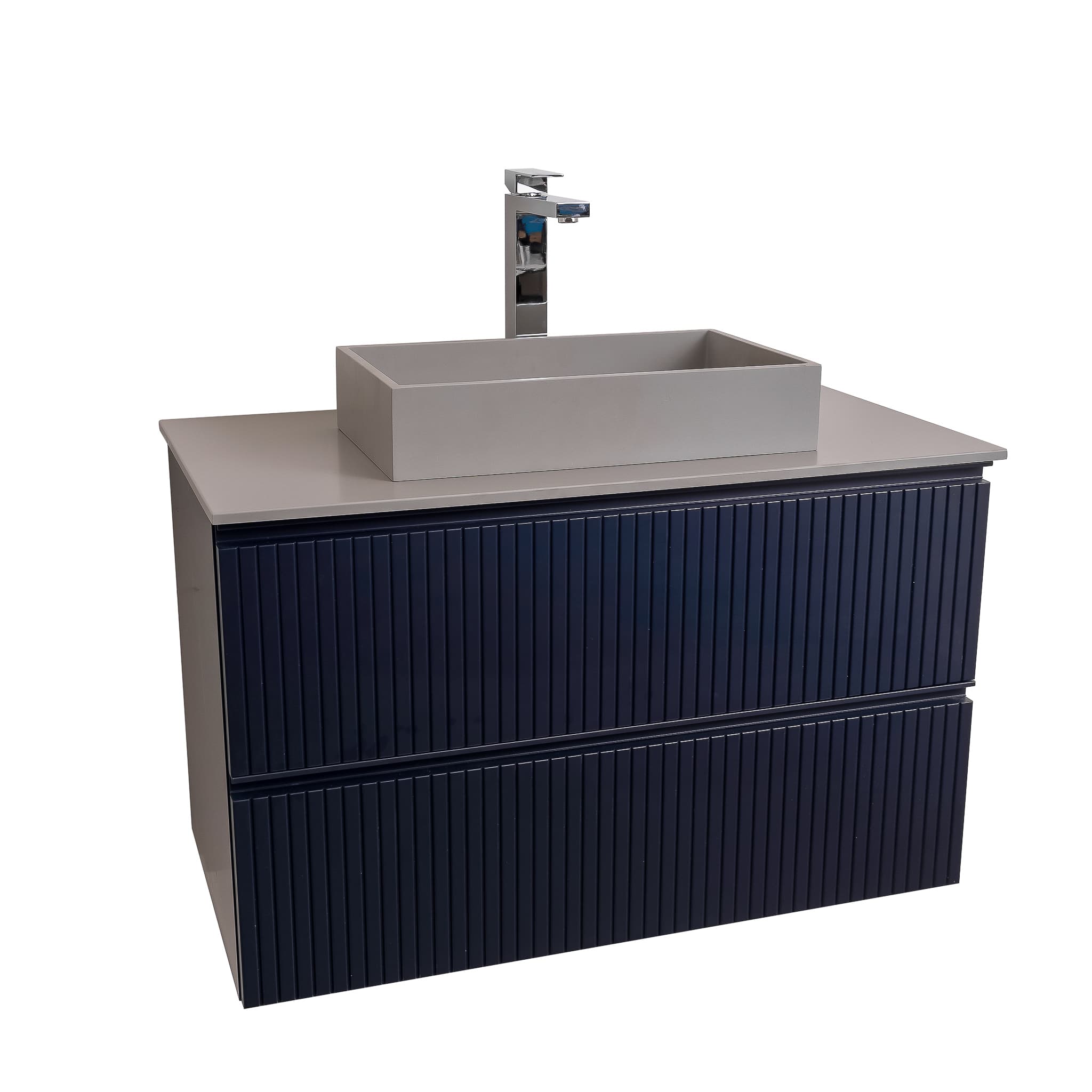 Ares 39.5 Matte Navy Blue Cabinet, Solid Surface Flat Grey Counter And Infinity Square Solid Surface Grey Basin 1329, Wall Mounted Modern Vanity Set