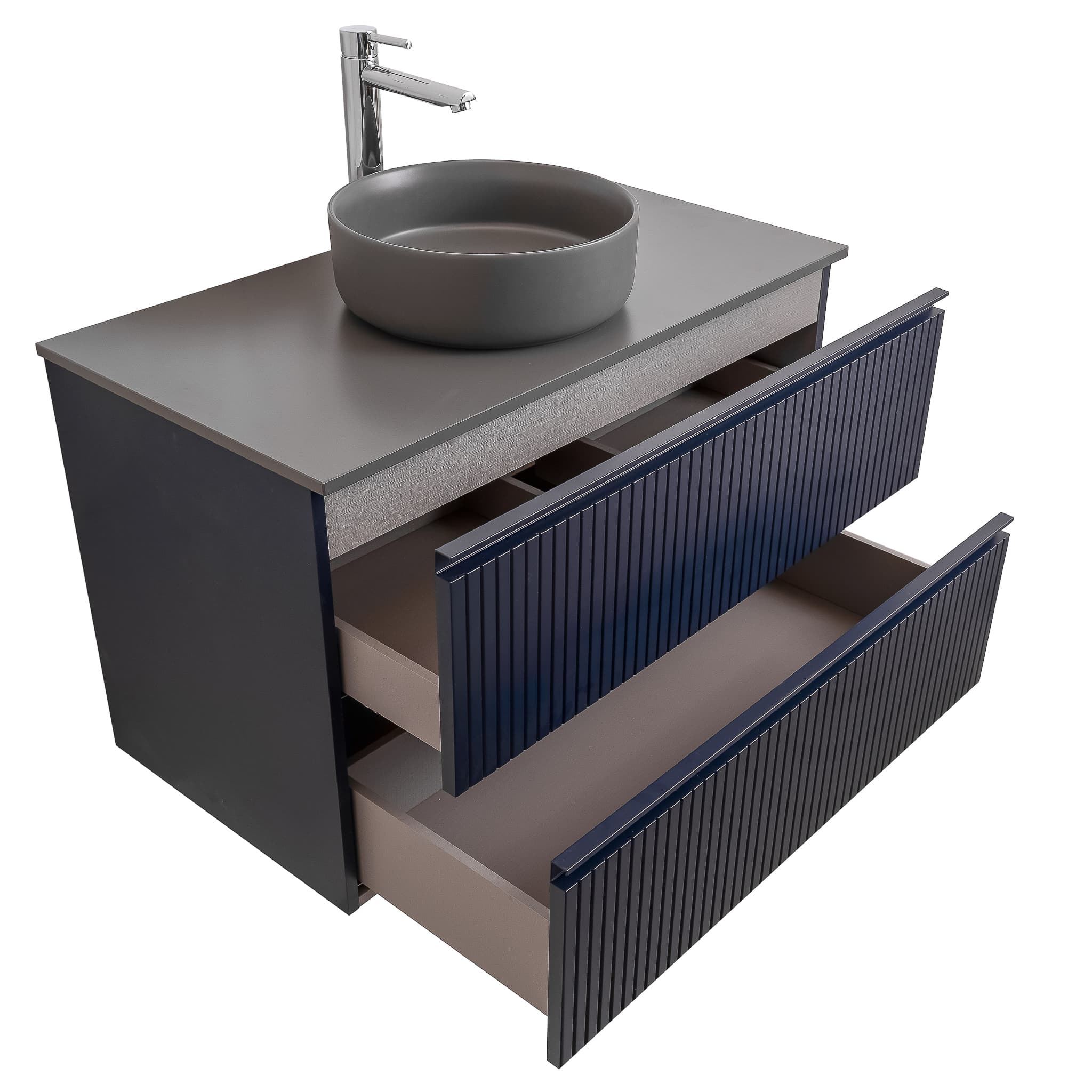 Ares 39.5 Matte Navy Blue Cabinet, Ares Grey Ceniza Top And Ares Grey Ceniza Ceramic Basin, Wall Mounted Modern Vanity Set