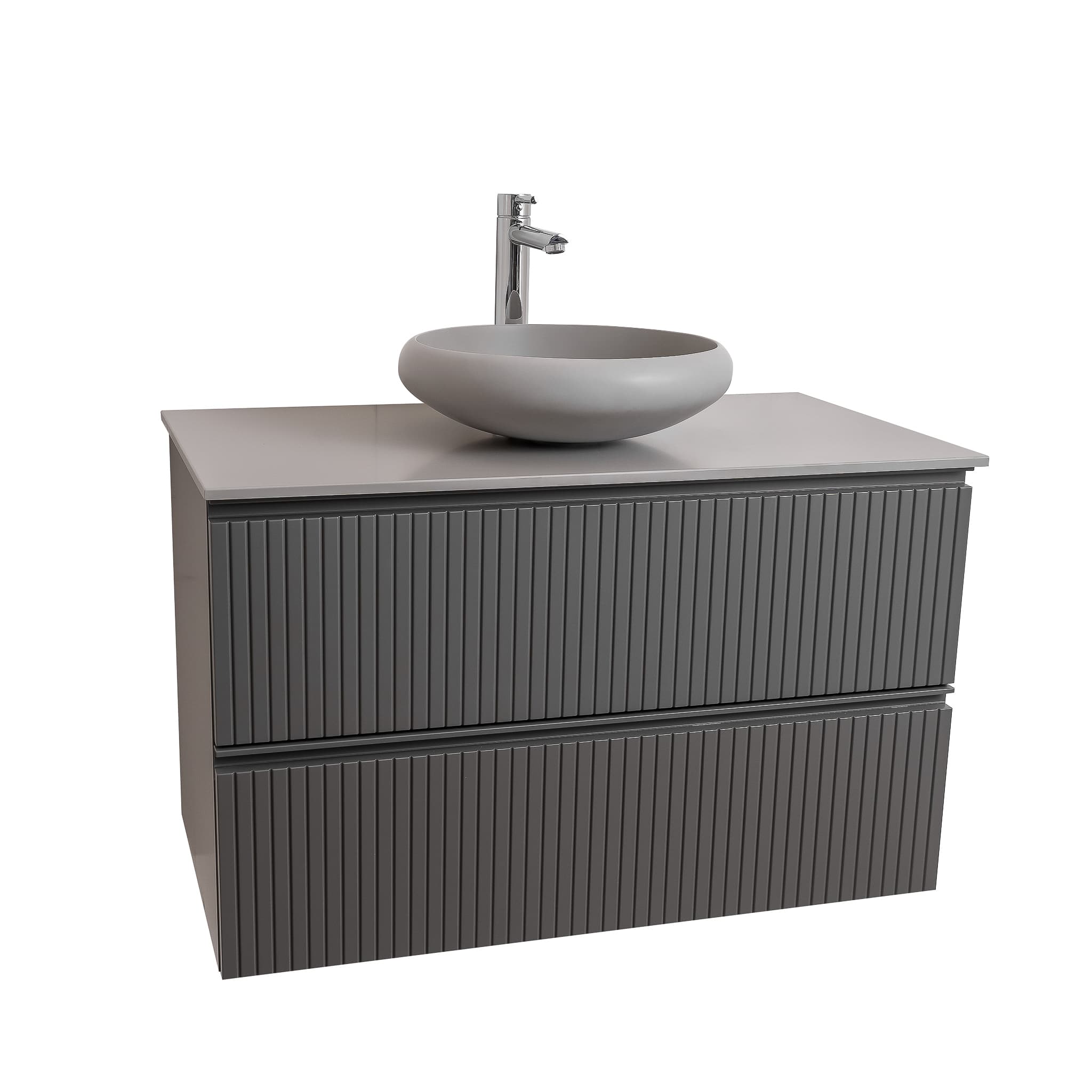 Ares 39.5 Matte Grey Cabinet, Solid Surface Flat Grey Counter And Round Solid Surface Grey Basin 1153, Wall Mounted Modern Vanity Set