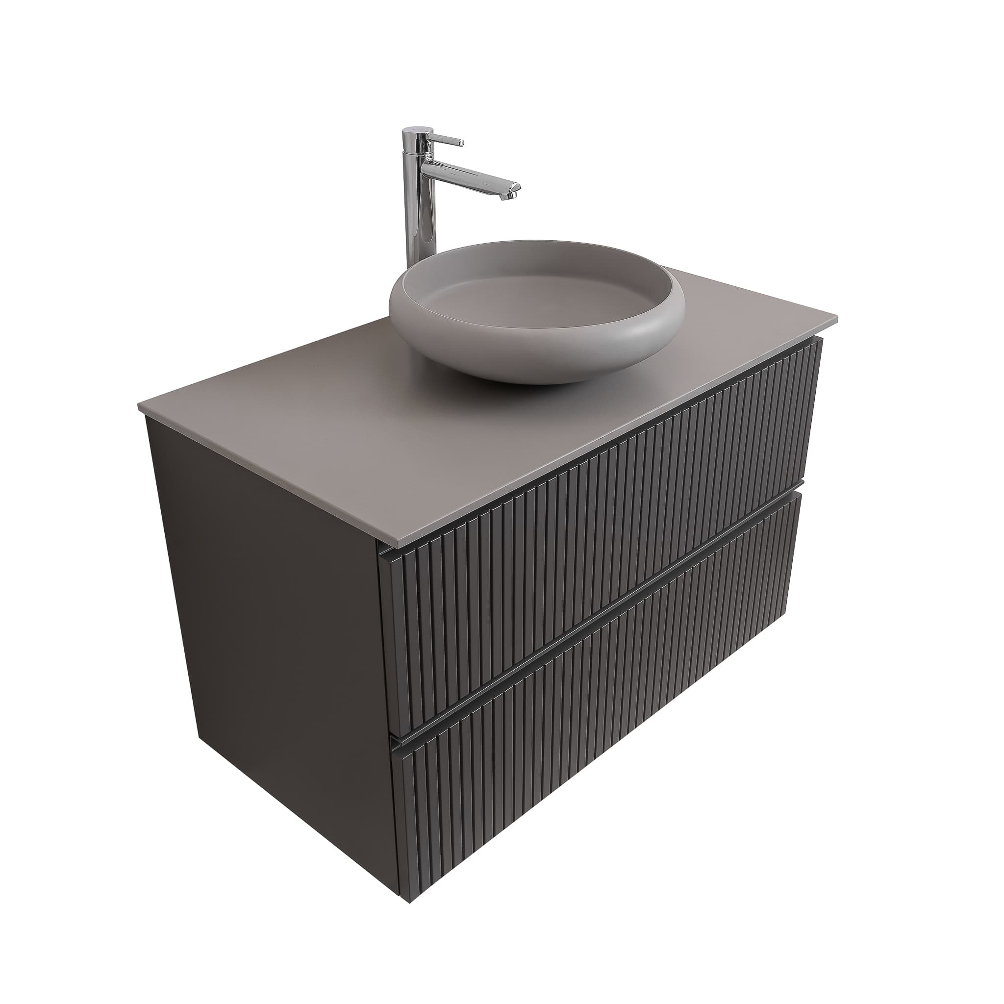 Ares 39.5 Matte Grey Cabinet, Solid Surface Flat Grey Counter And Round Solid Surface Grey Basin 1153, Wall Mounted Modern Vanity Set