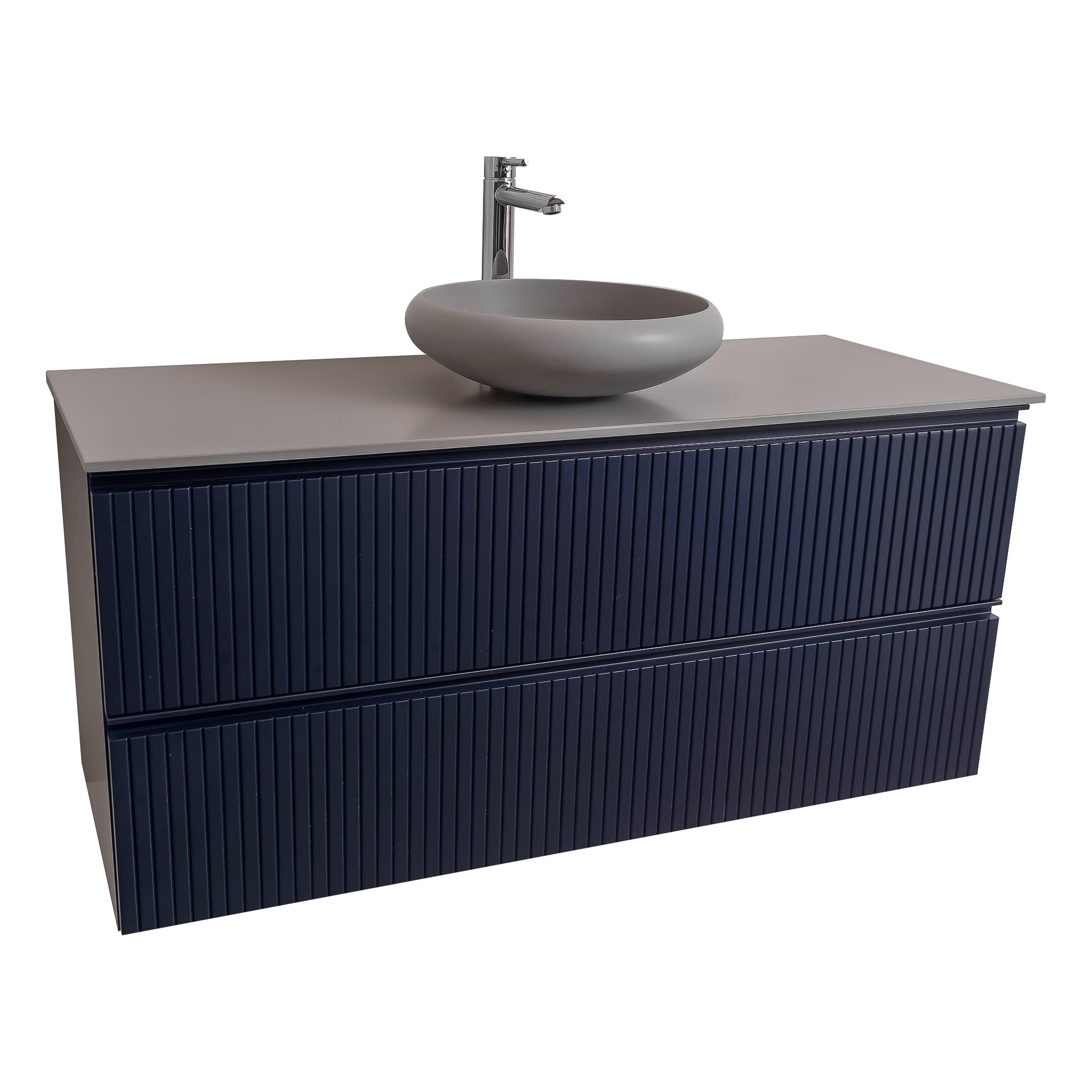 Ares 47.5 Matte Navy Blue Cabinet, Solid Surface Flat Grey Counter And Round Solid Surface Grey Basin 1153, Wall Mounted Modern Vanity Set