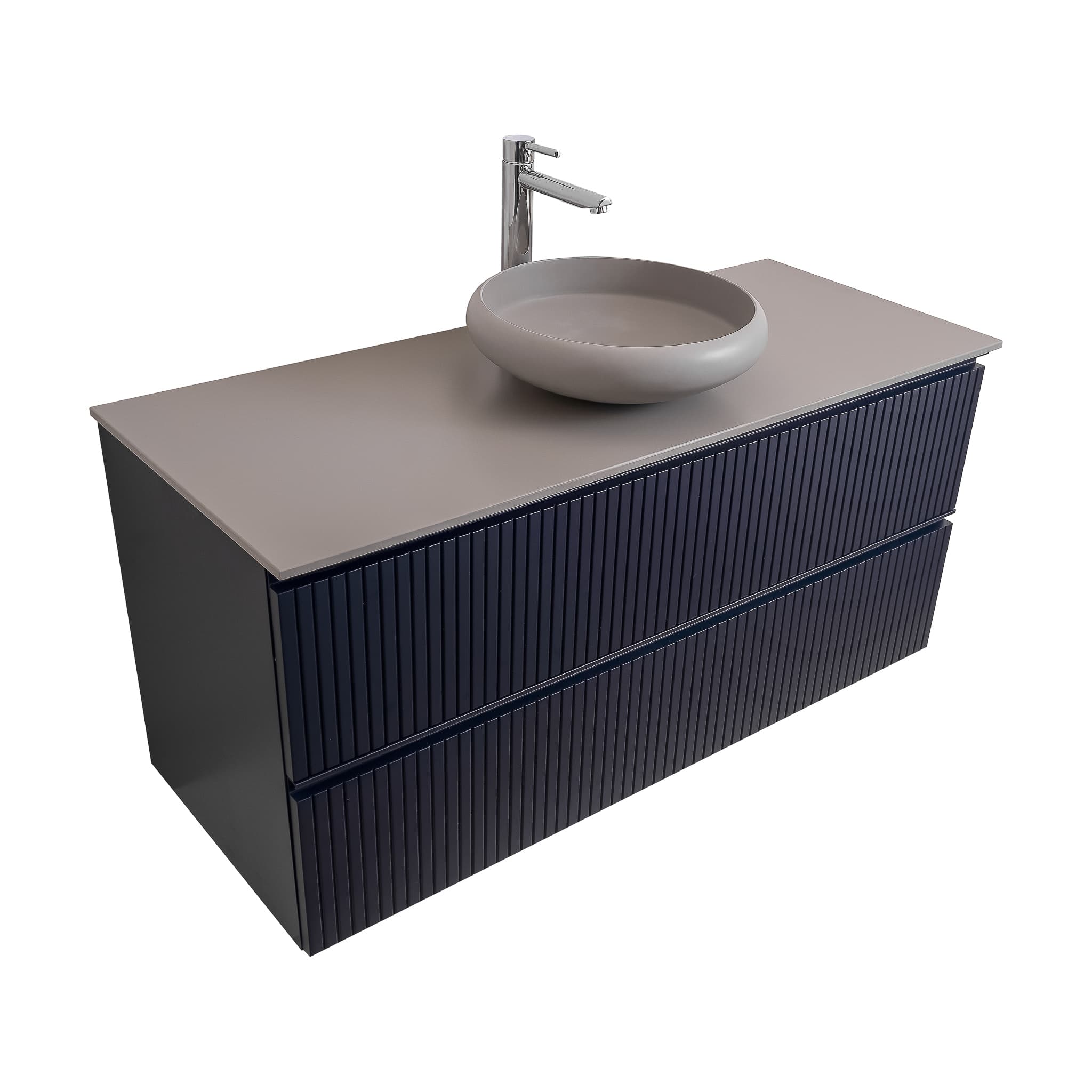 Ares 47.5 Matte Navy Blue Cabinet, Solid Surface Flat Grey Counter And Round Solid Surface Grey Basin 1153, Wall Mounted Modern Vanity Set Bath Trends USA