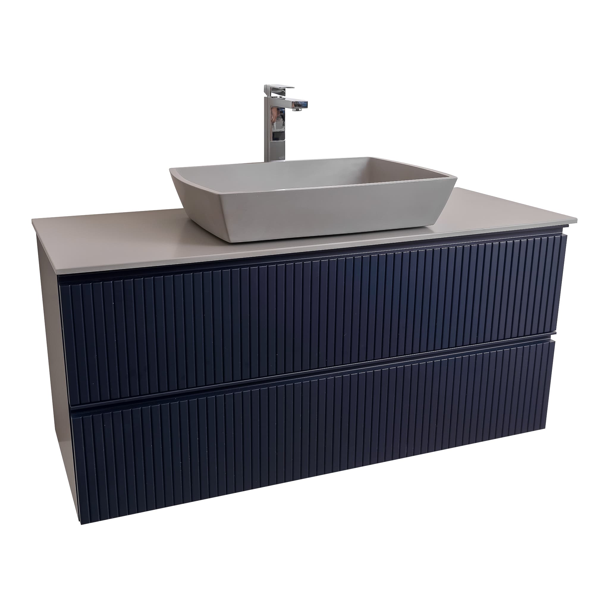 Ares 47.5 Matte Navy Blue Cabinet, Solid Surface Flat Grey Counter And Square Solid Surface Grey Basin 1316, Wall Mounted Modern Vanity Set