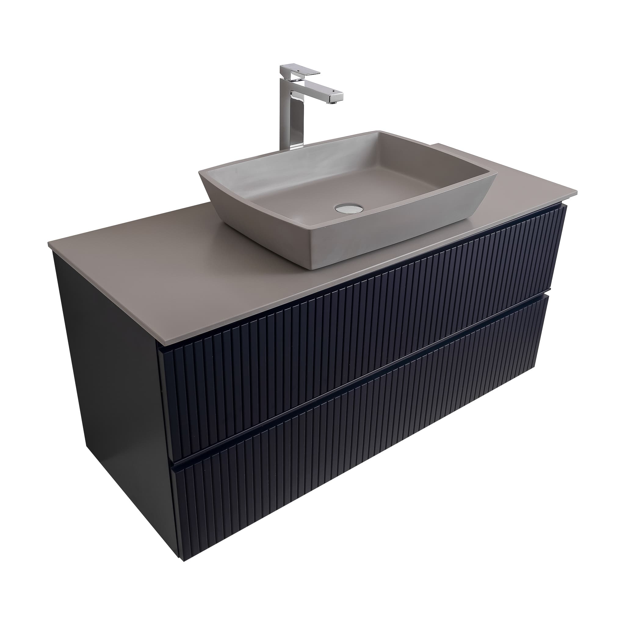 Ares 47.5 Matte Navy Blue Cabinet, Solid Surface Flat Grey Counter And Square Solid Surface Grey Basin 1316, Wall Mounted Modern Vanity Set