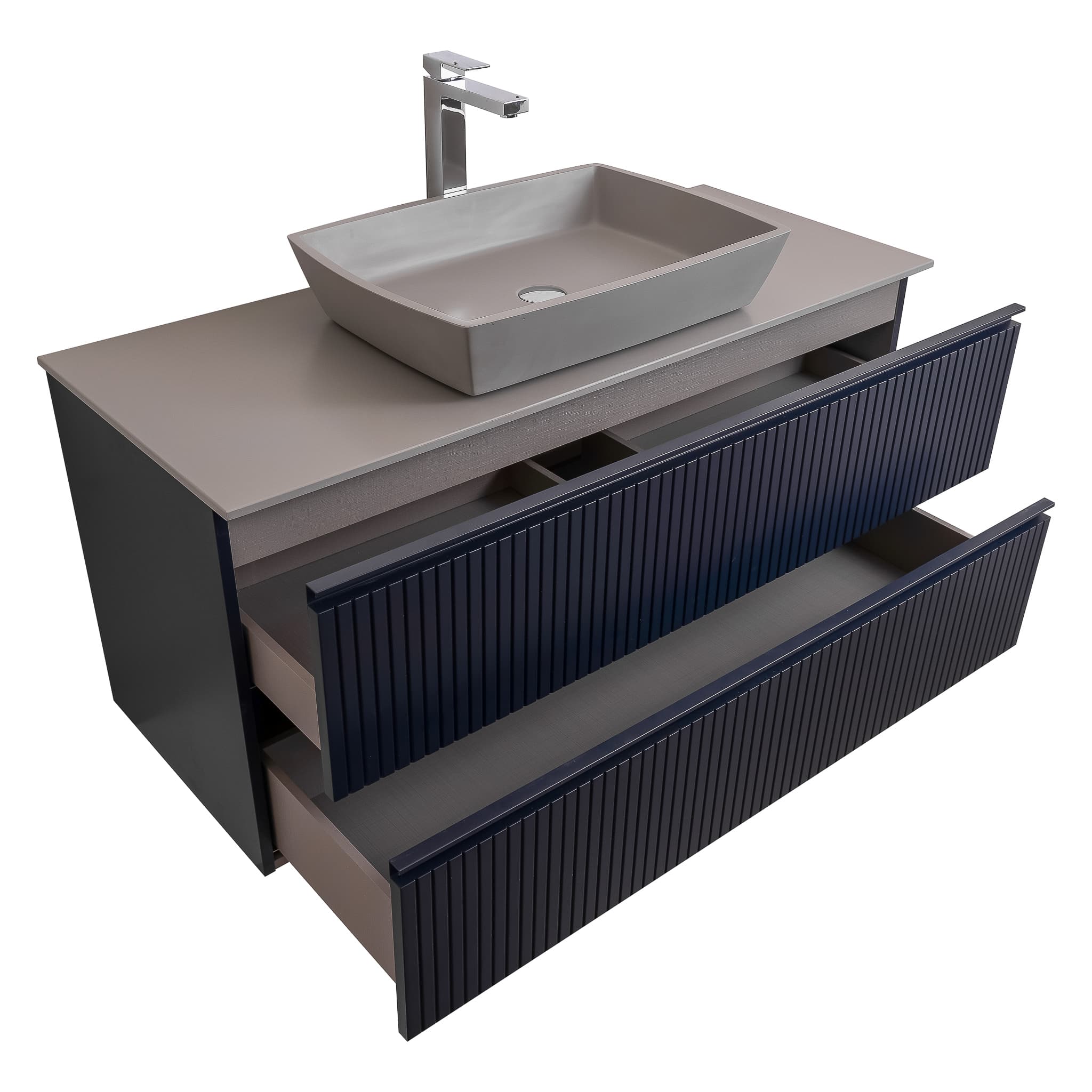 Ares 47.5 Matte Navy Blue Cabinet, Solid Surface Flat Grey Counter And Square Solid Surface Grey Basin 1316, Wall Mounted Modern Vanity Set