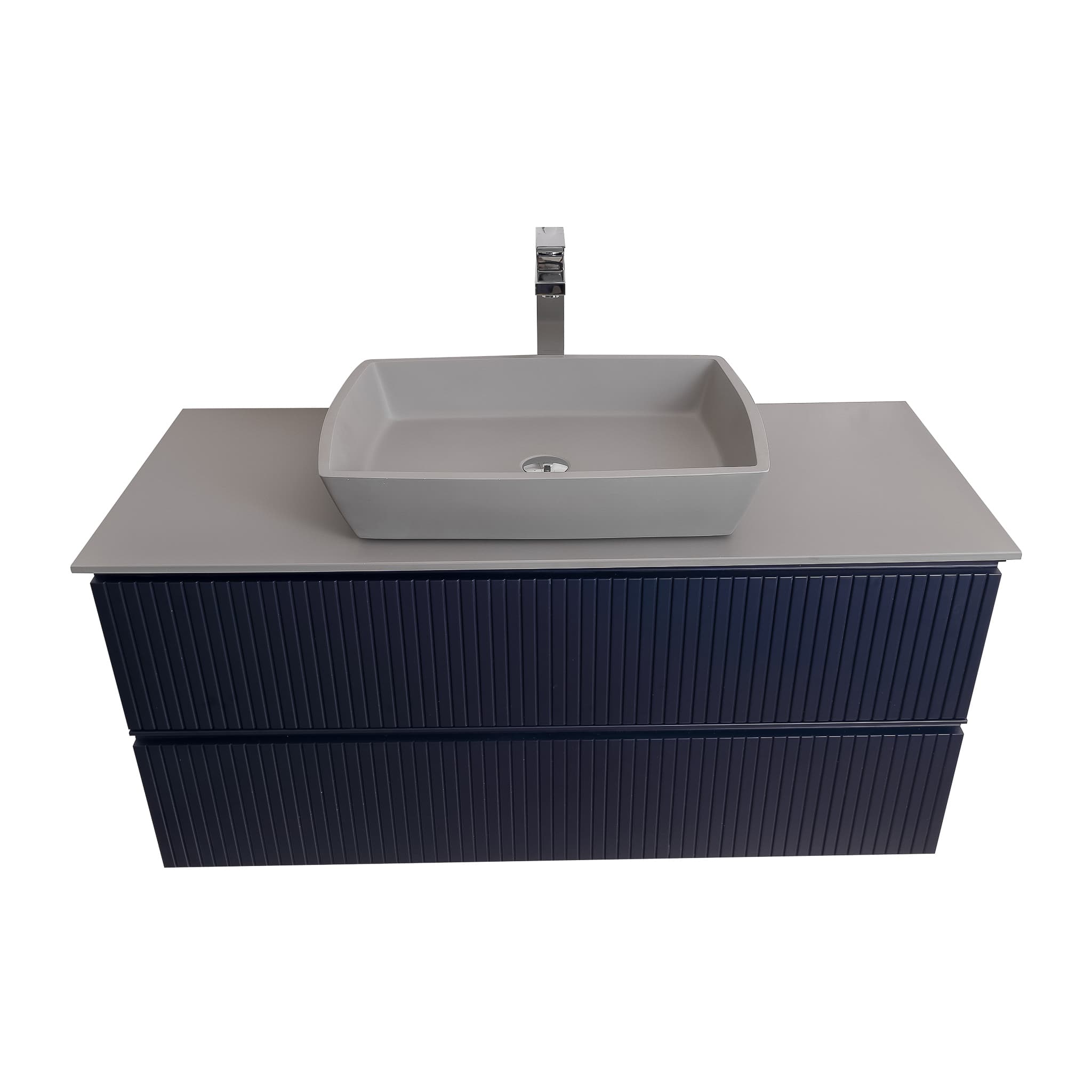 Ares 47.5 Matte Navy Blue Cabinet, Solid Surface Flat Grey Counter And Square Solid Surface Grey Basin 1316, Wall Mounted Modern Vanity Set
