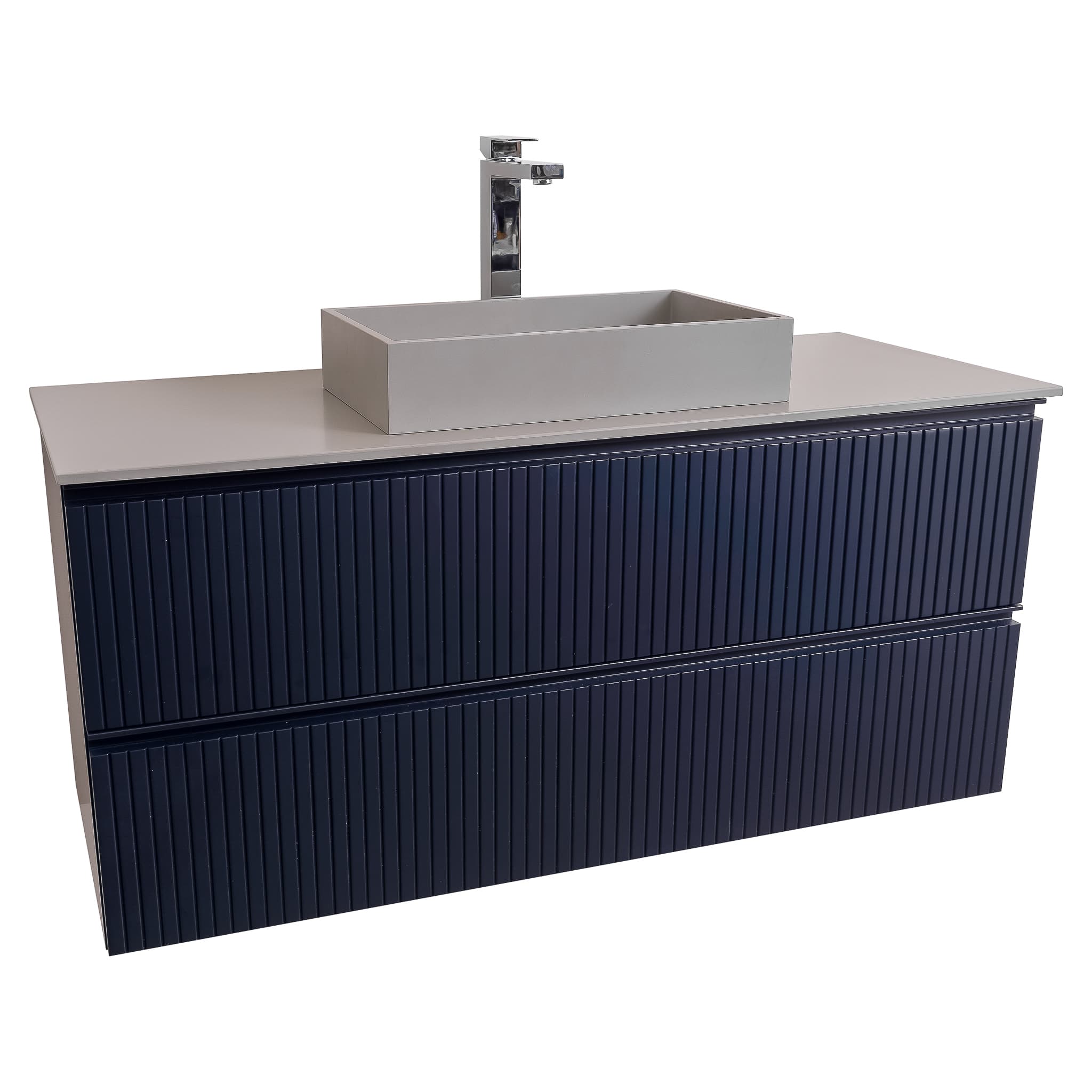 Ares 47.5 Matte Navy Blue Cabinet, Solid Surface Flat Grey Counter And Infinity Square Solid Surface Grey Basin 1329, Wall Mounted Modern Vanity Set