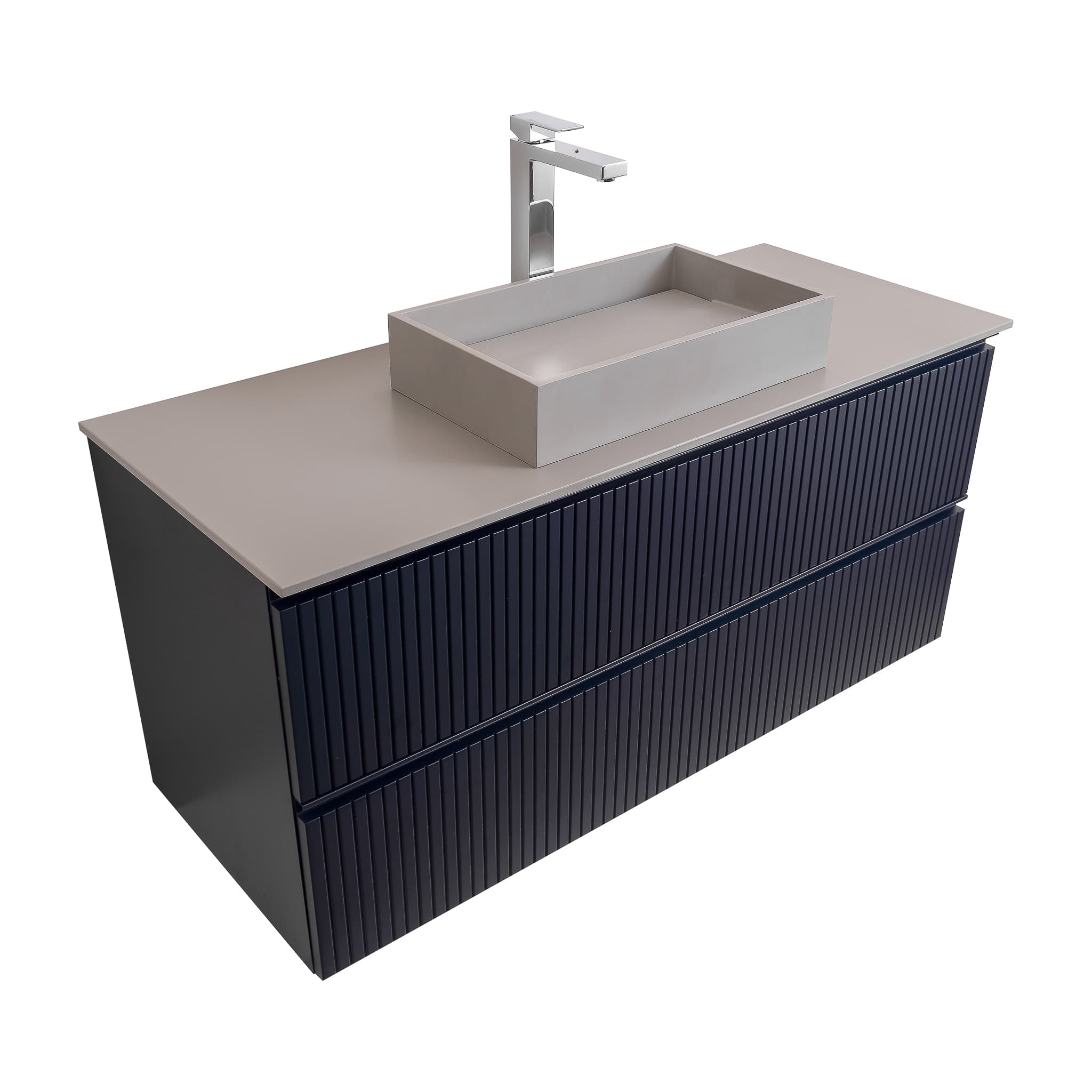 Ares 47.5 Matte Navy Blue Cabinet, Solid Surface Flat Grey Counter And Infinity Square Solid Surface Grey Basin 1329, Wall Mounted Modern Vanity Set