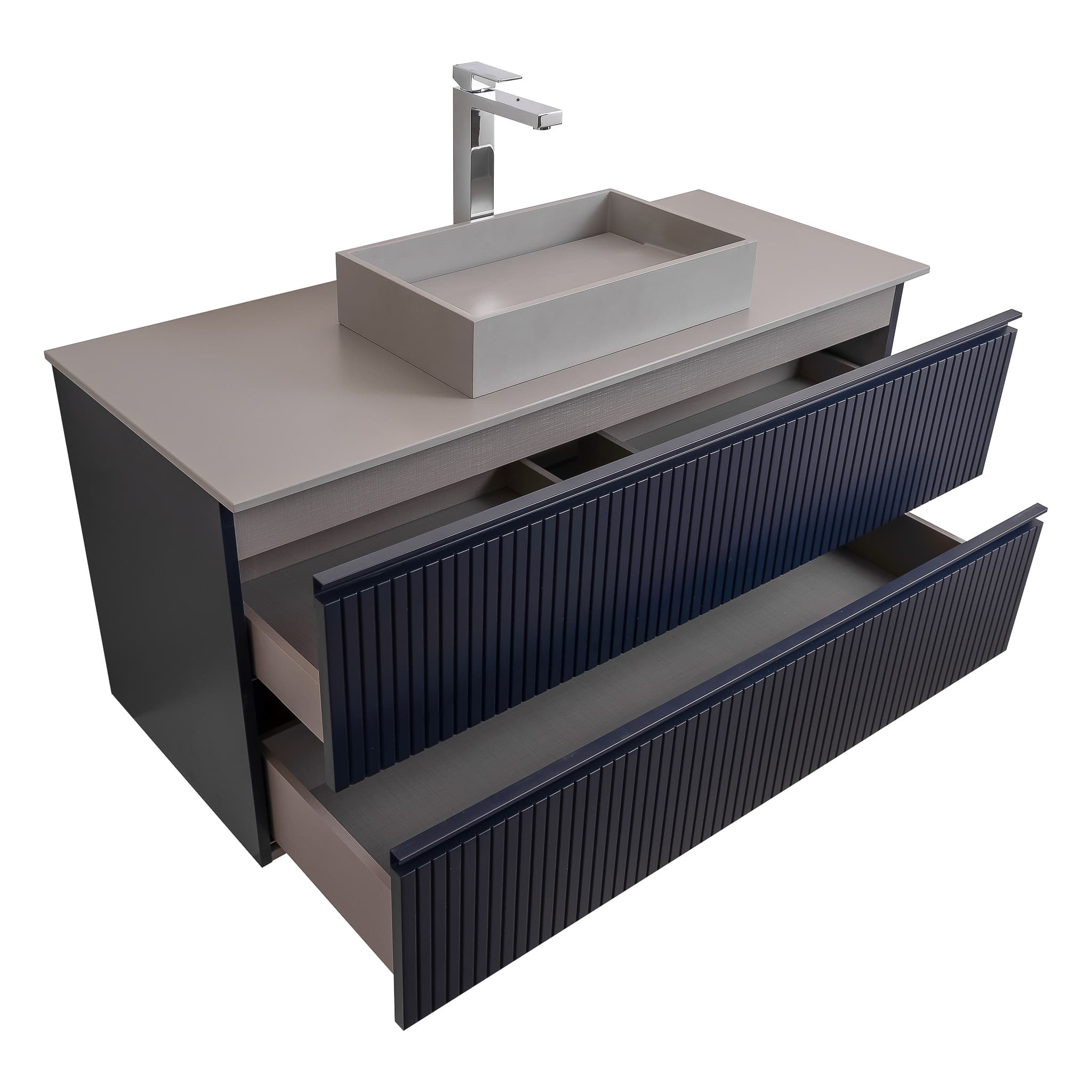 Ares 47.5 Matte Navy Blue Cabinet, Solid Surface Flat Grey Counter And Infinity Square Solid Surface Grey Basin 1329, Wall Mounted Modern Vanity Set