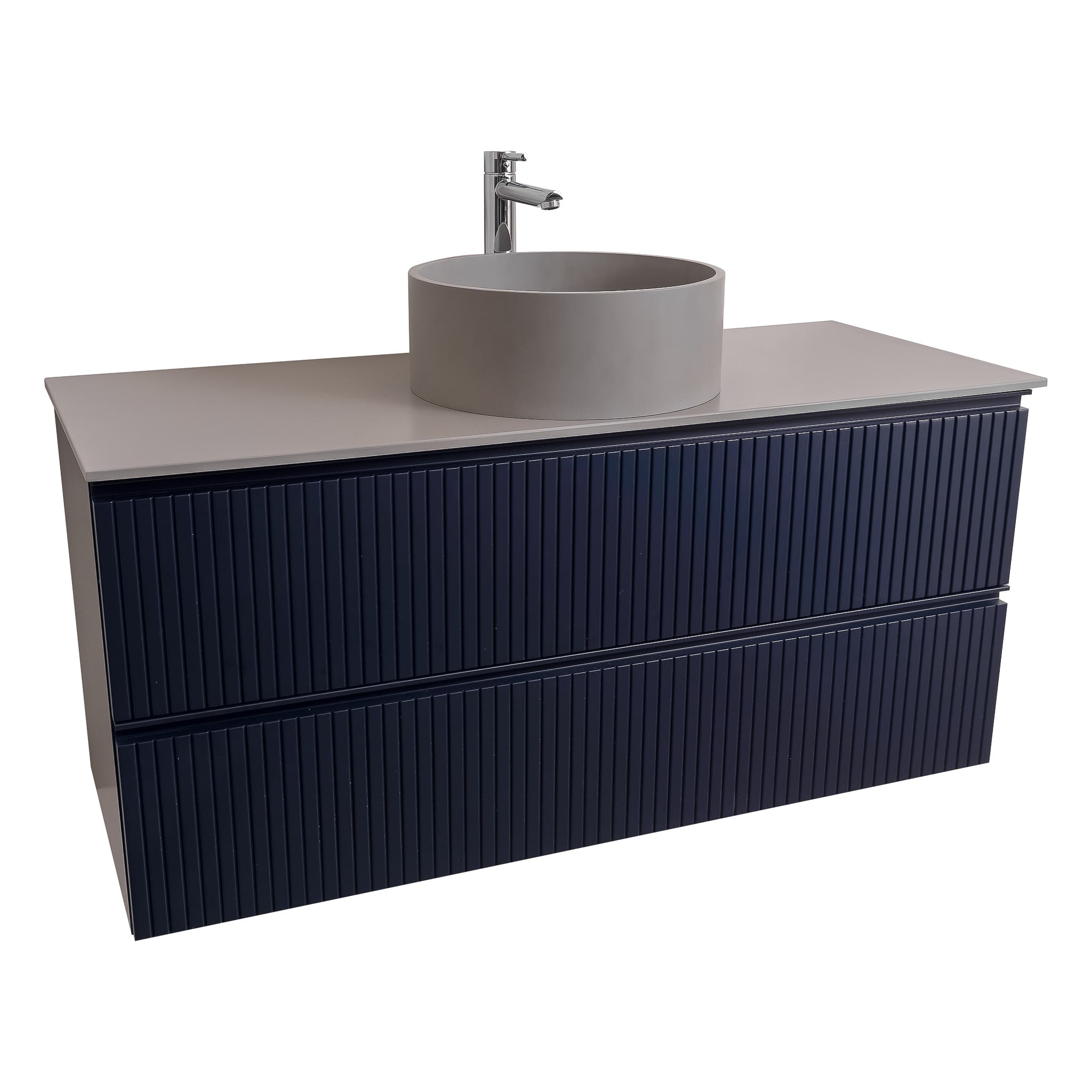 Ares 47.5 Matte Navy Blue Cabinet, Solid Surface Flat Grey Counter And Round Solid Surface Grey Basin 1386, Wall Mounted Modern Vanity Set