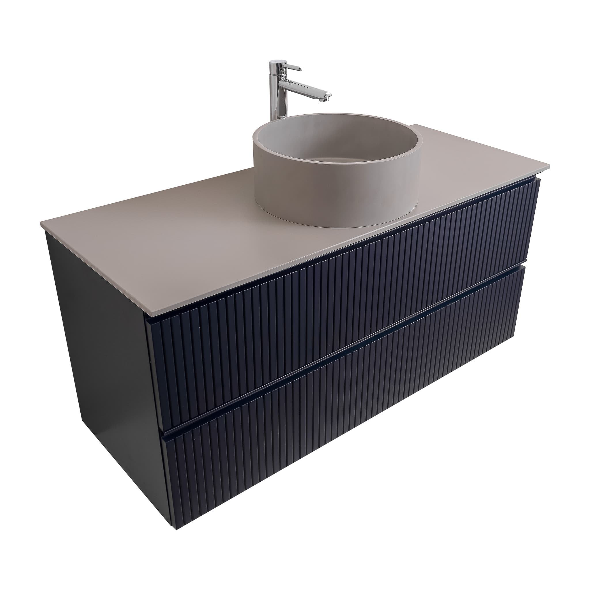 Ares 47.5 Matte Navy Blue Cabinet, Solid Surface Flat Grey Counter And Round Solid Surface Grey Basin 1386, Wall Mounted Modern Vanity Set Bath Trends USA