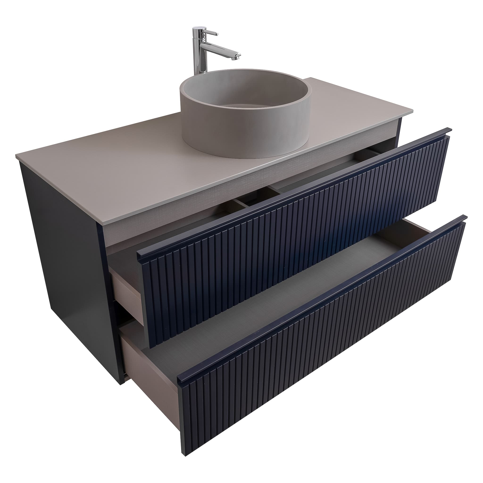 Ares 47.5 Matte Navy Blue Cabinet, Solid Surface Flat Grey Counter And Round Solid Surface Grey Basin 1386, Wall Mounted Modern Vanity Set