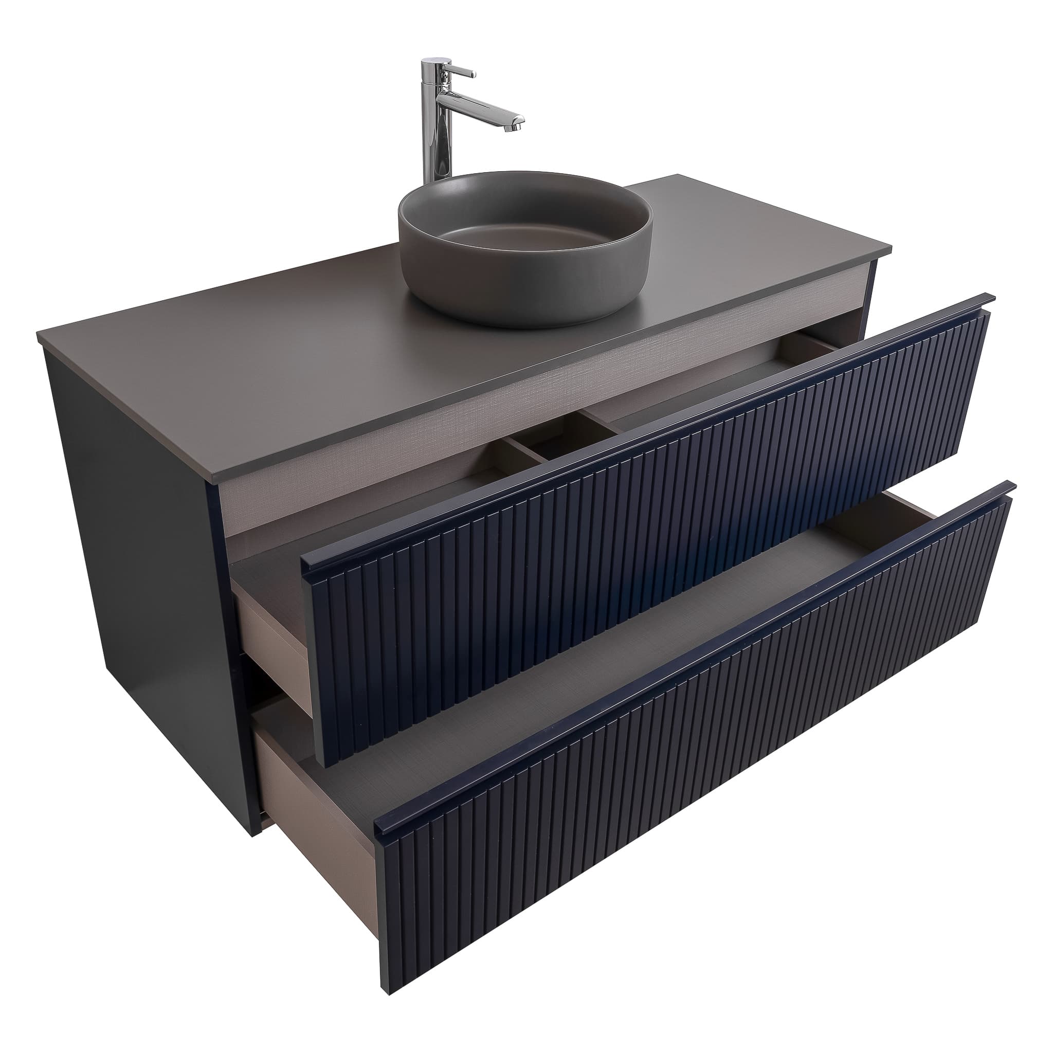 Ares 47.5 Matte Navy Blue Cabinet, Ares Grey Ceniza Top And Ares Grey Ceniza Ceramic Basin, Wall Mounted Modern Vanity Set