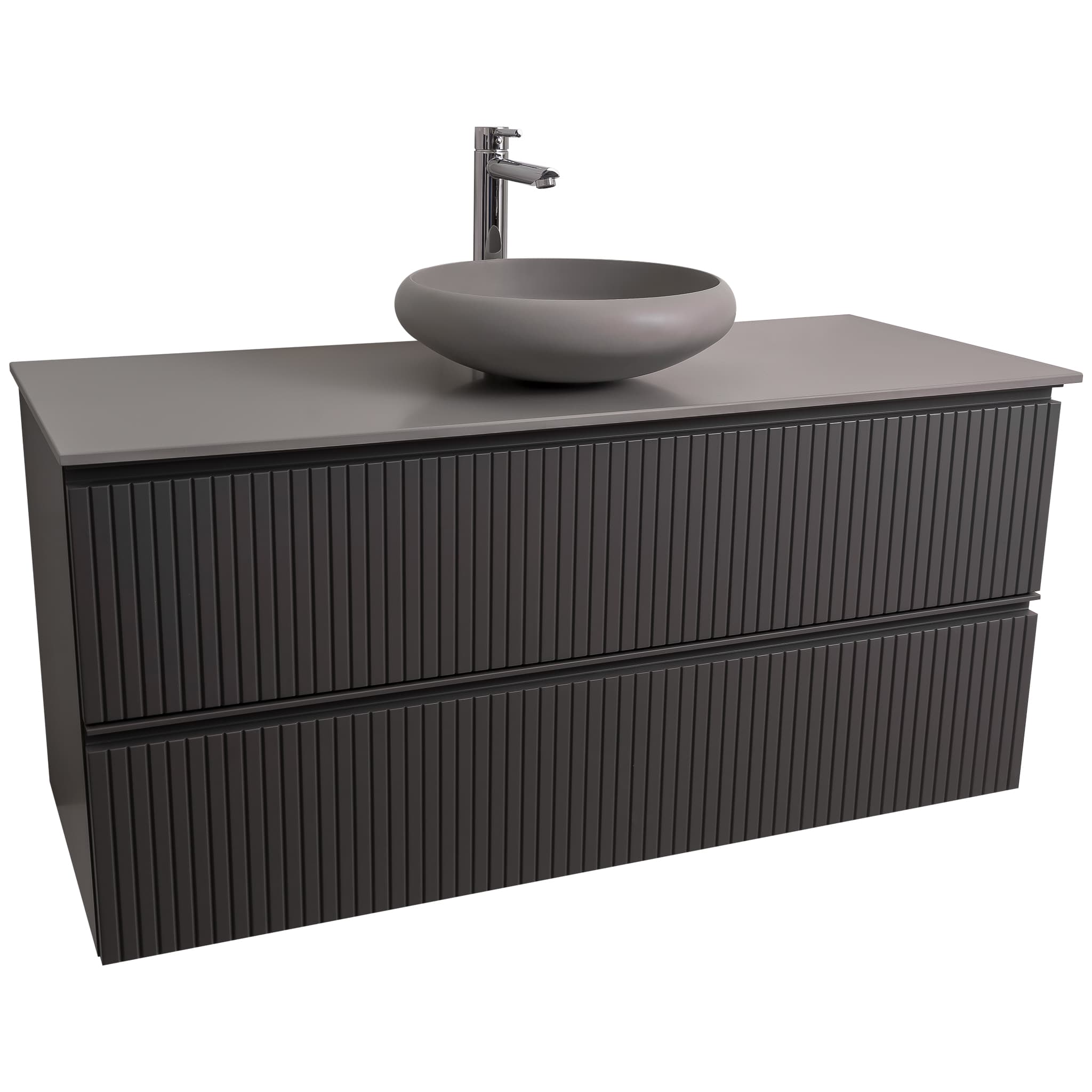 Ares 47.5 Matte Grey Cabinet, Solid Surface Flat Grey Counter And Round Solid Surface Grey Basin 1153, Wall Mounted Modern Vanity Set