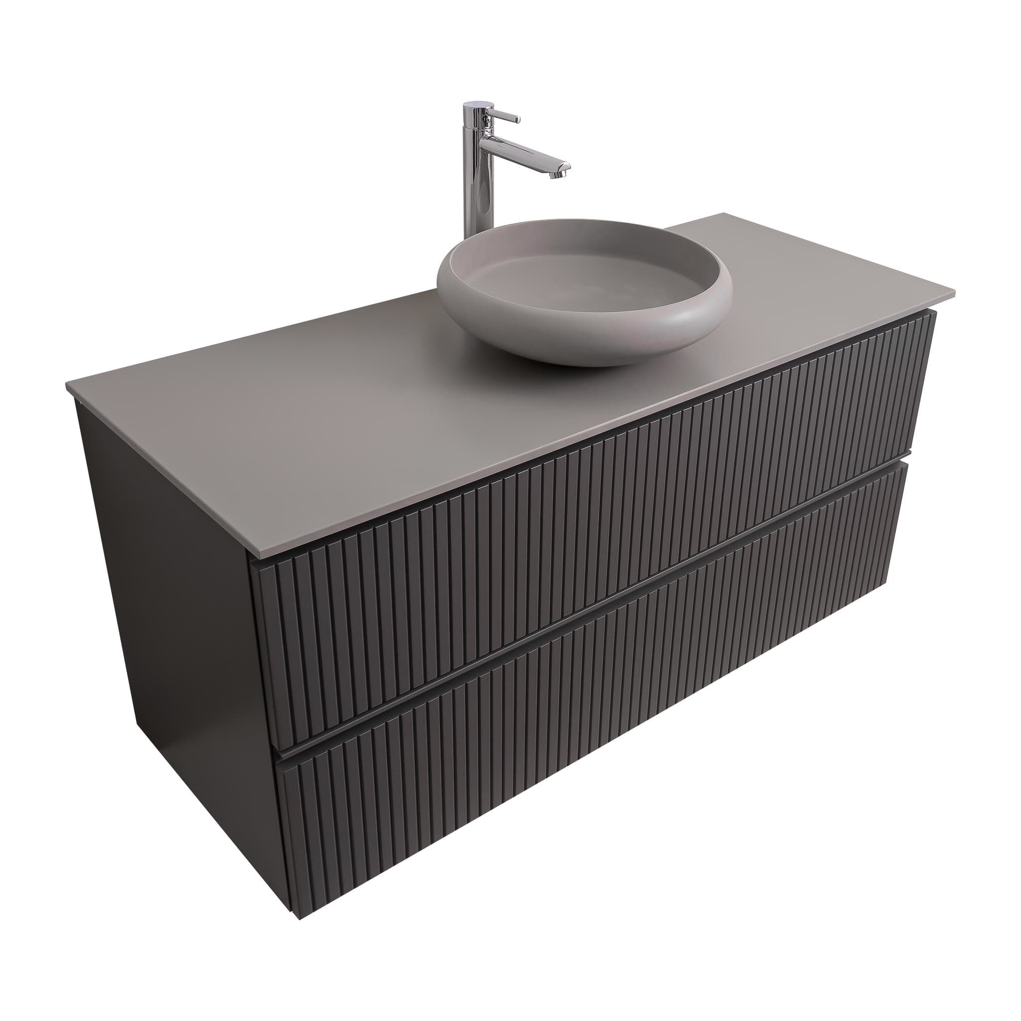 Ares 47.5 Matte Grey Cabinet, Solid Surface Flat Grey Counter And Round Solid Surface Grey Basin 1153, Wall Mounted Modern Vanity Set