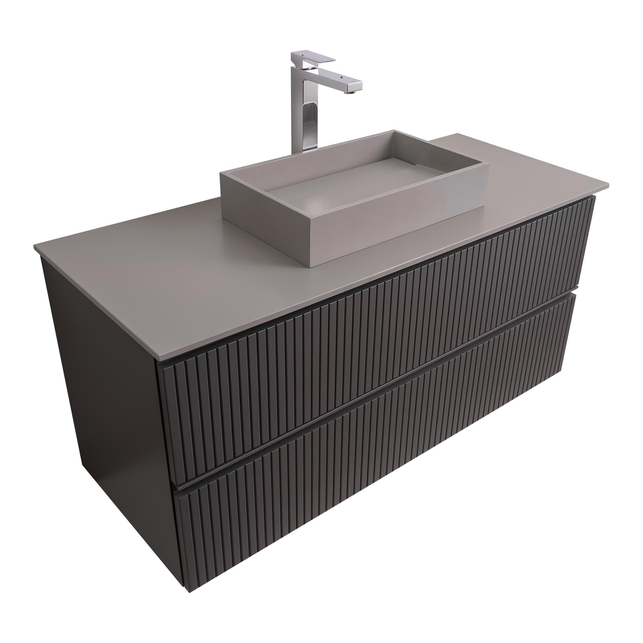 Ares 47.5 Matte Grey Cabinet, Solid Surface Flat Grey Counter And Infinity Square Solid Surface Grey Basin 1329, Wall Mounted Modern Vanity Set