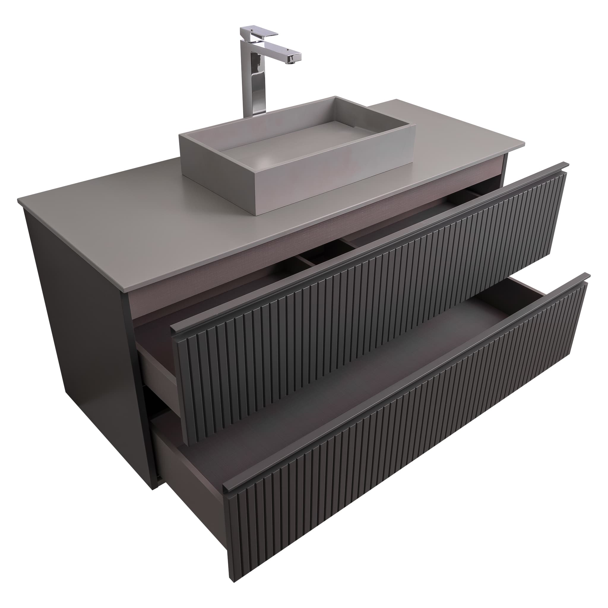 Ares 47.5 Matte Grey Cabinet, Solid Surface Flat Grey Counter And Infinity Square Solid Surface Grey Basin 1329, Wall Mounted Modern Vanity Set