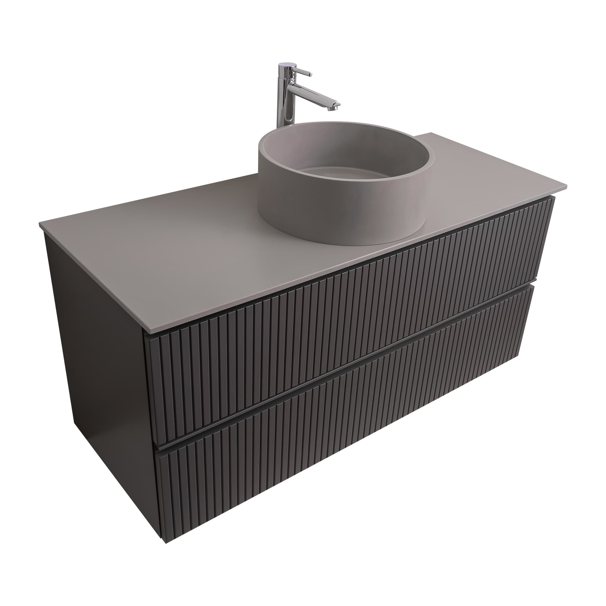 Ares 47.5 Matte Grey Cabinet, Solid Surface Flat Grey Counter And Round Solid Surface Grey Basin 1386, Wall Mounted Modern Vanity Set