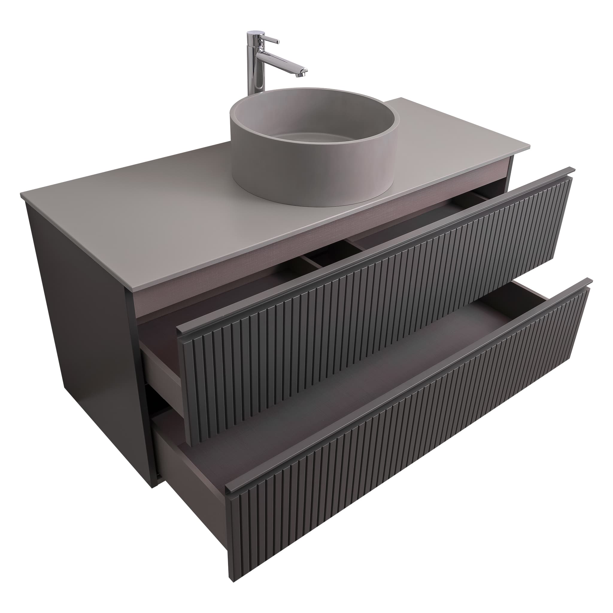 Ares 47.5 Matte Grey Cabinet, Solid Surface Flat Grey Counter And Round Solid Surface Grey Basin 1386, Wall Mounted Modern Vanity Set