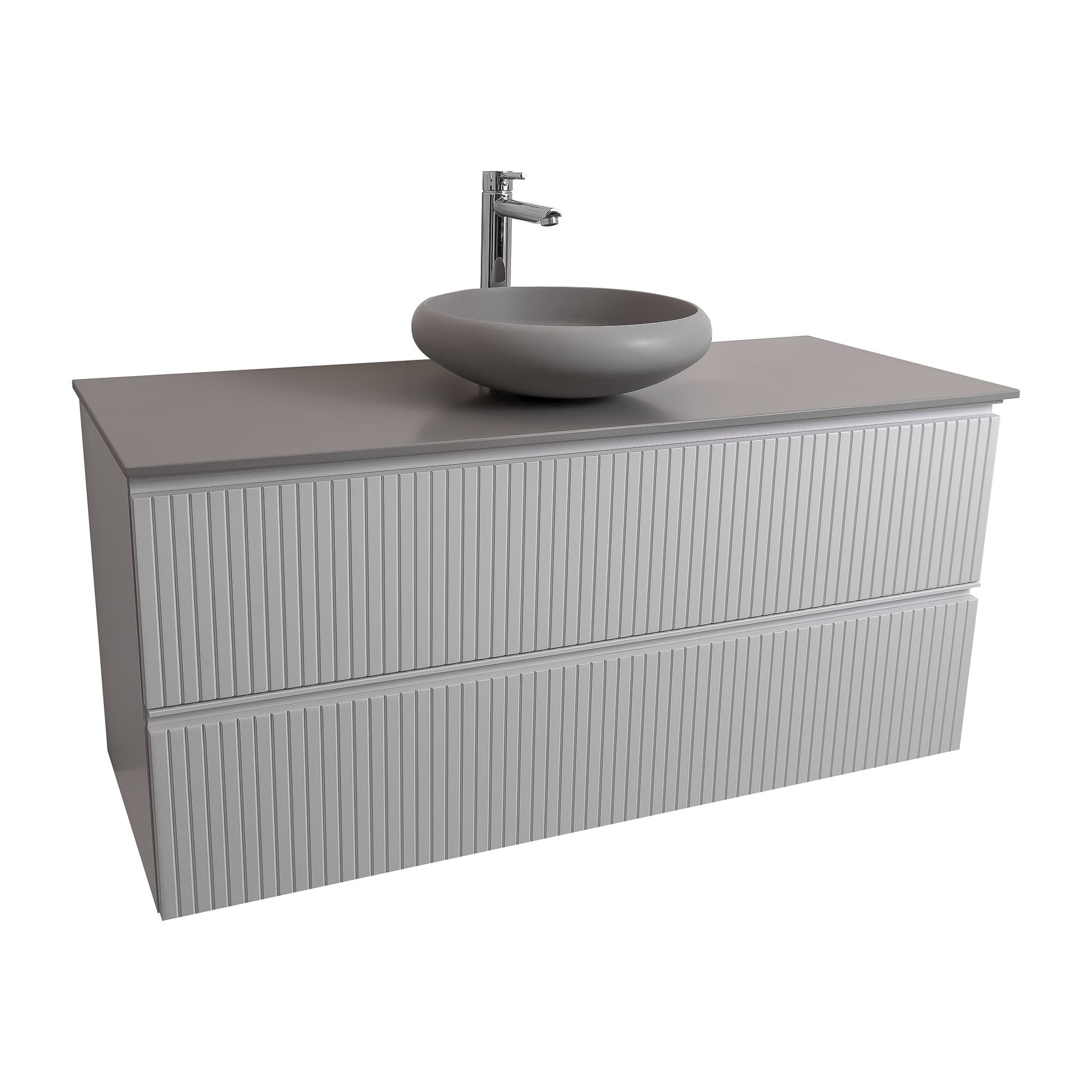 Ares 47.5 Matte White Cabinet, Solid Surface Flat Grey Counter And Round Solid Surface Grey Basin 1153, Wall Mounted Modern Vanity Set