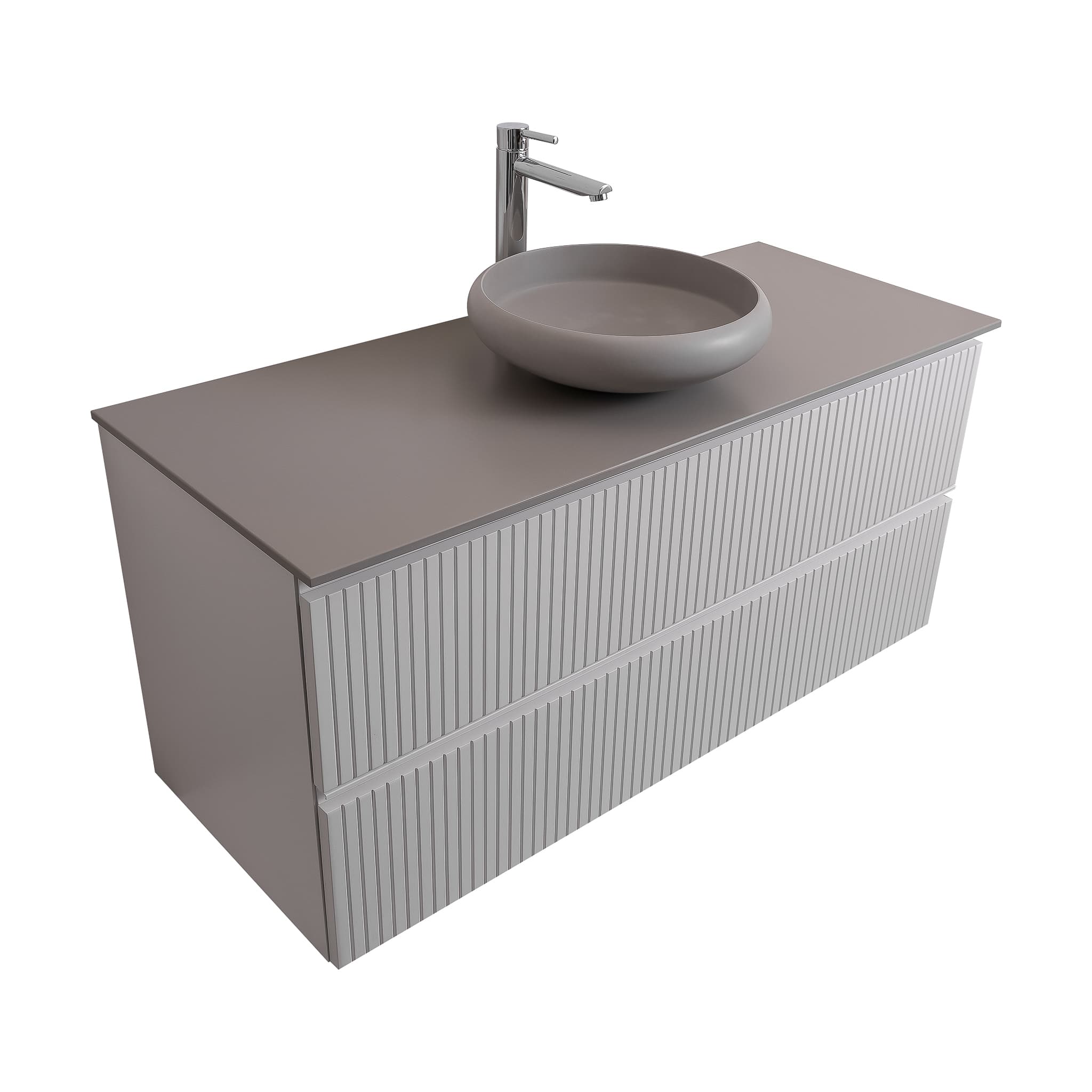 Ares 47.5 Matte White Cabinet, Solid Surface Flat Grey Counter And Round Solid Surface Grey Basin 1153, Wall Mounted Modern Vanity Set