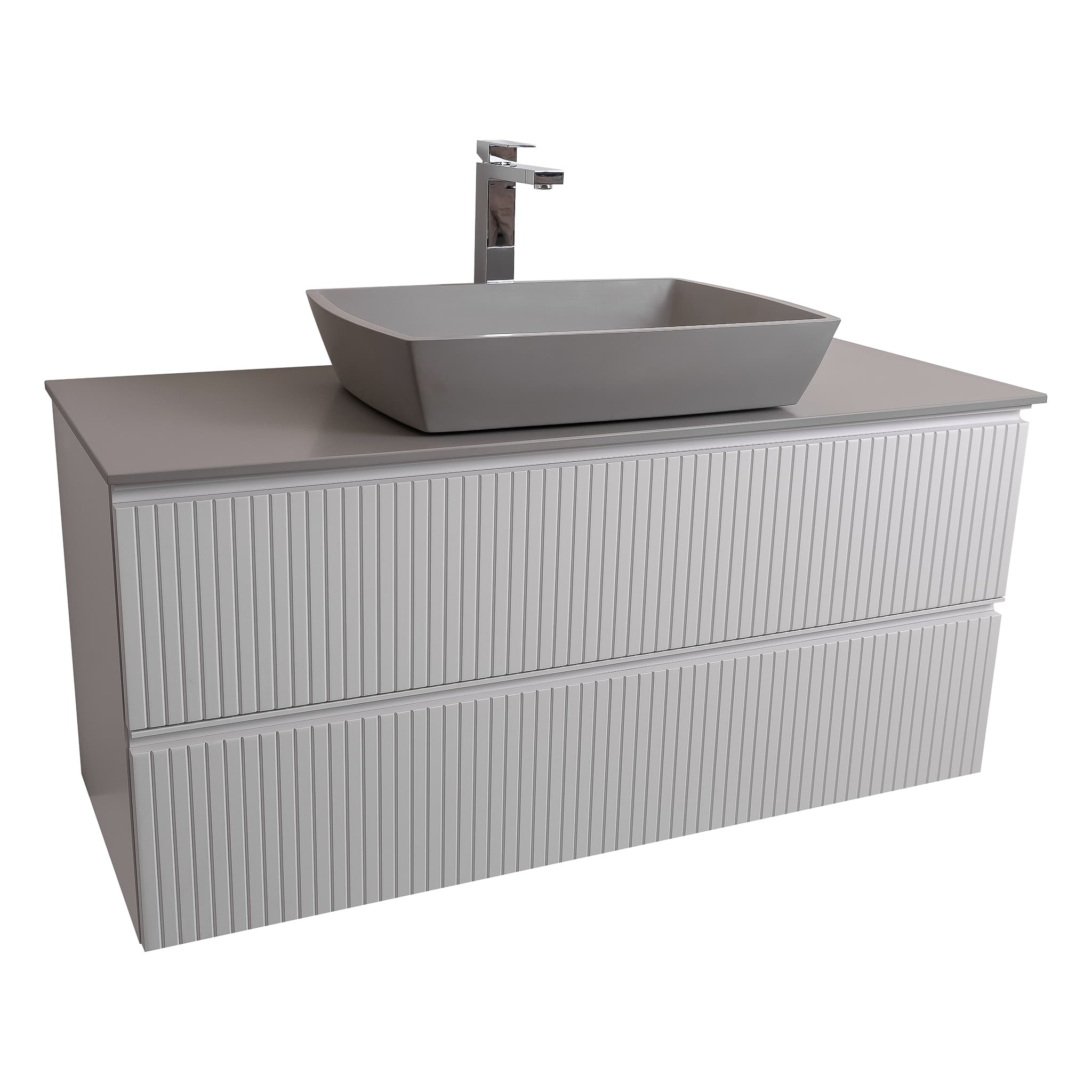 Ares 47.5 White Matte Cabinet, Solid Surface Flat Grey Counter And Square Solid Surface Grey Basin 1316, Wall Mounted Modern Vanity Set Bath Trends USA