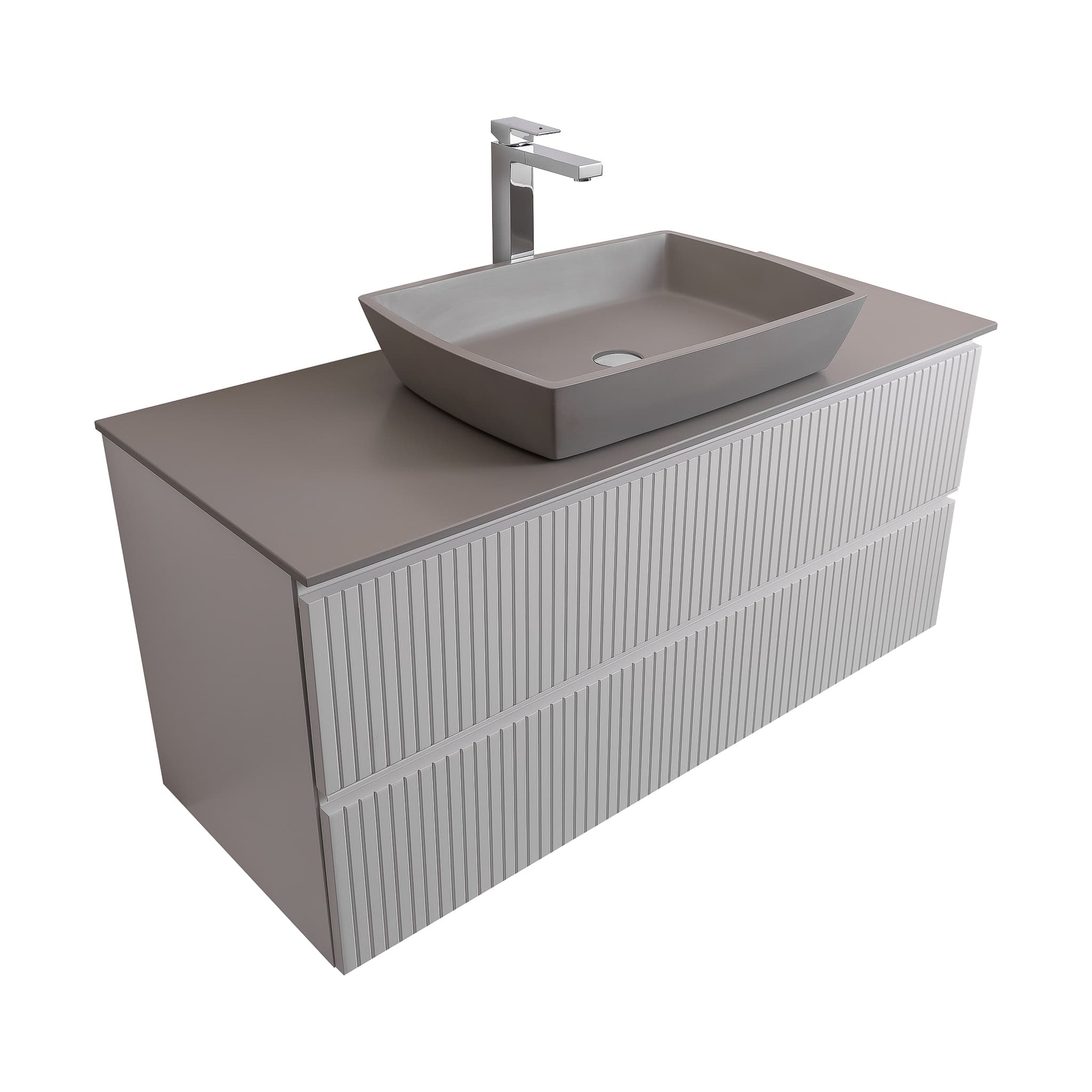 Ares 47.5 White Matte Cabinet, Solid Surface Flat Grey Counter And Square Solid Surface Grey Basin 1316, Wall Mounted Modern Vanity Set